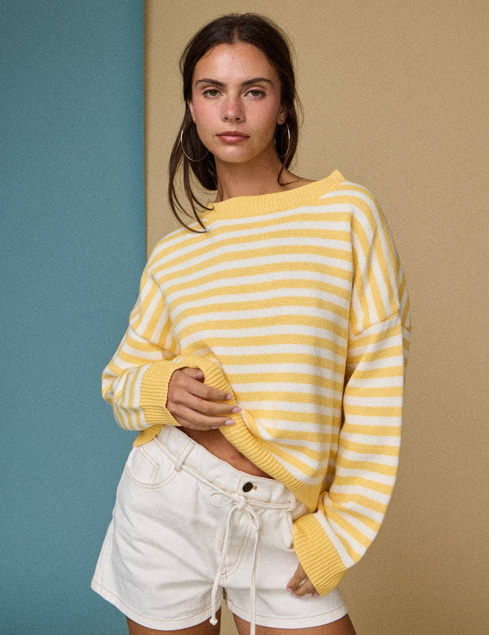 Striped Crewneck Sweater with a  Relaxed Fit in Yellow - Shabby 2 Chic Boutiques