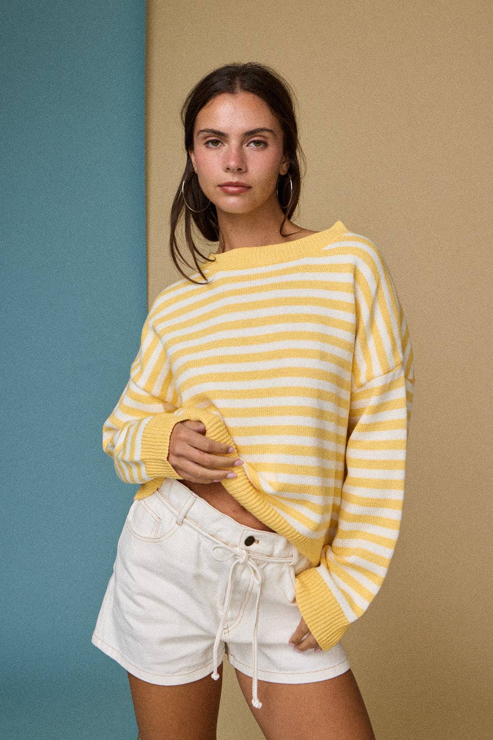 Striped Crewneck Sweater with a  Relaxed Fit in Yellow - Shabby 2 Chic Boutiques