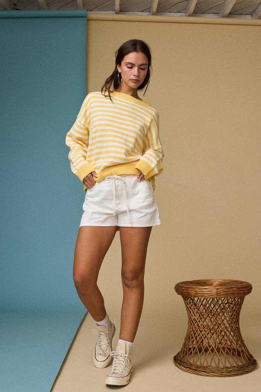 Striped Crewneck Sweater with a  Relaxed Fit in Yellow - Shabby 2 Chic Boutiques