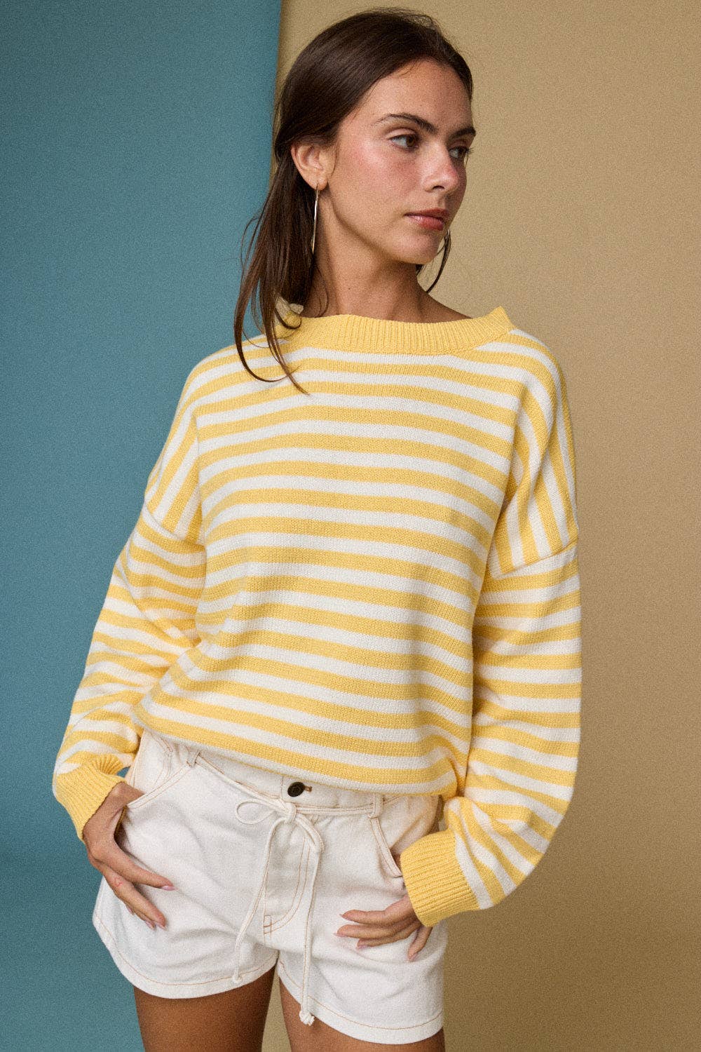 Striped Crewneck Sweater with a  Relaxed Fit in Yellow - Shabby 2 Chic Boutiques