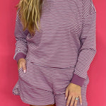 Back view of the mulberry striped French terry cropped crewneck and elastic waist shorts