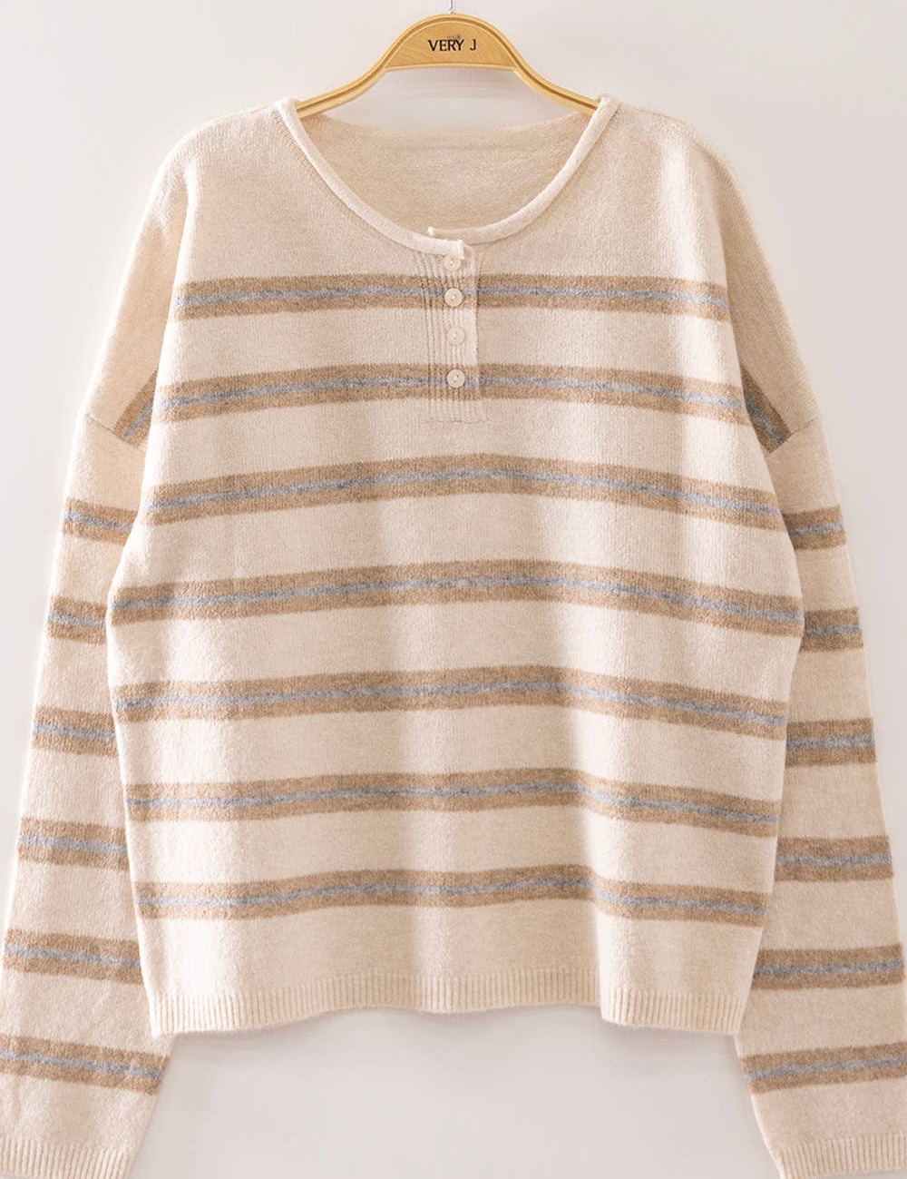 Striped Henley Button Oversized Sweater