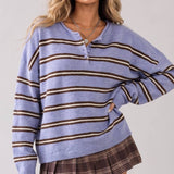 Striped Henley Button Oversized Sweater