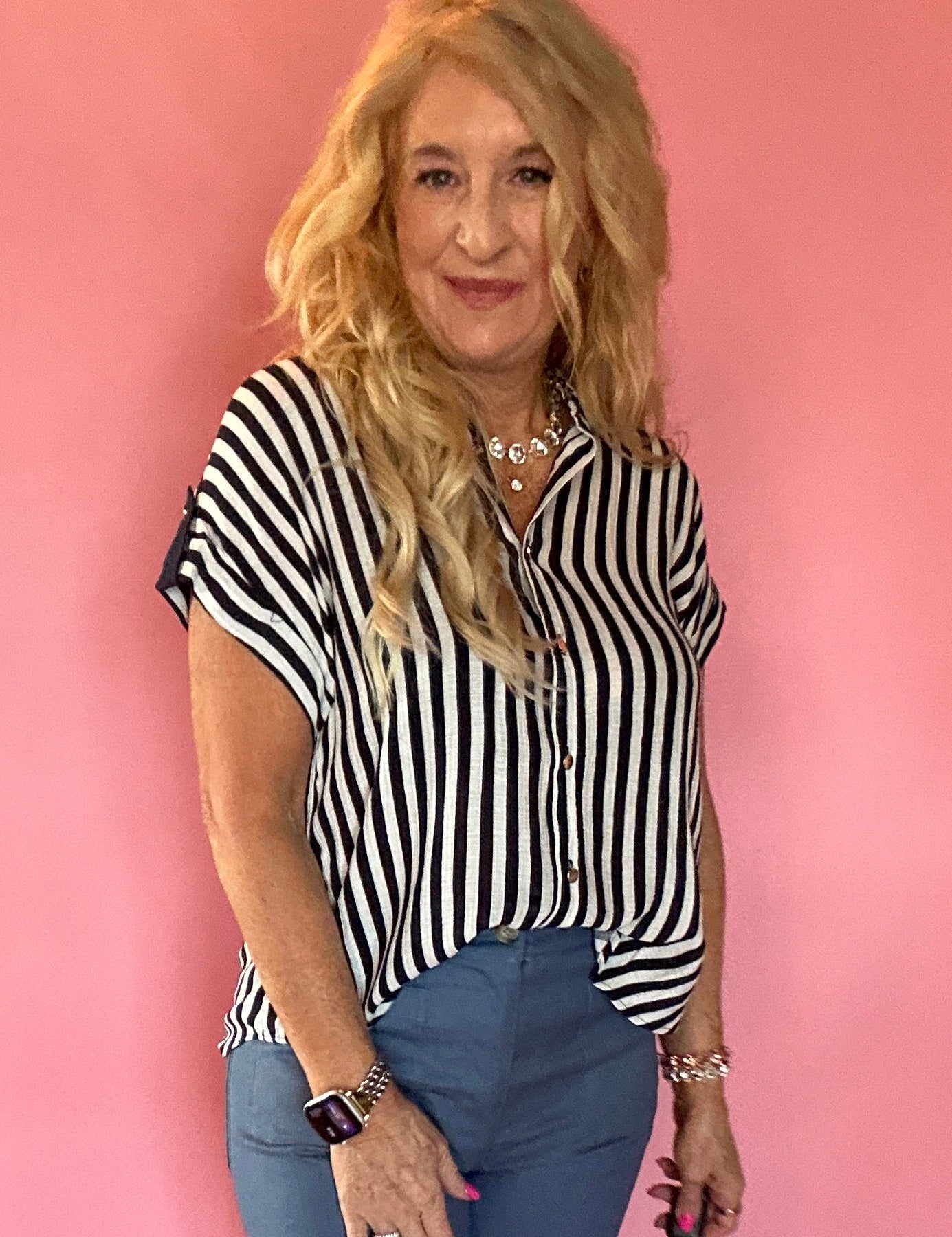Striped Lightweight Woven Top - Navy