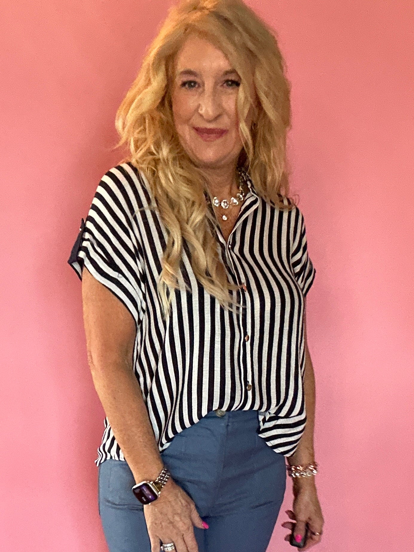 Striped Lightweight Woven Top - Navy