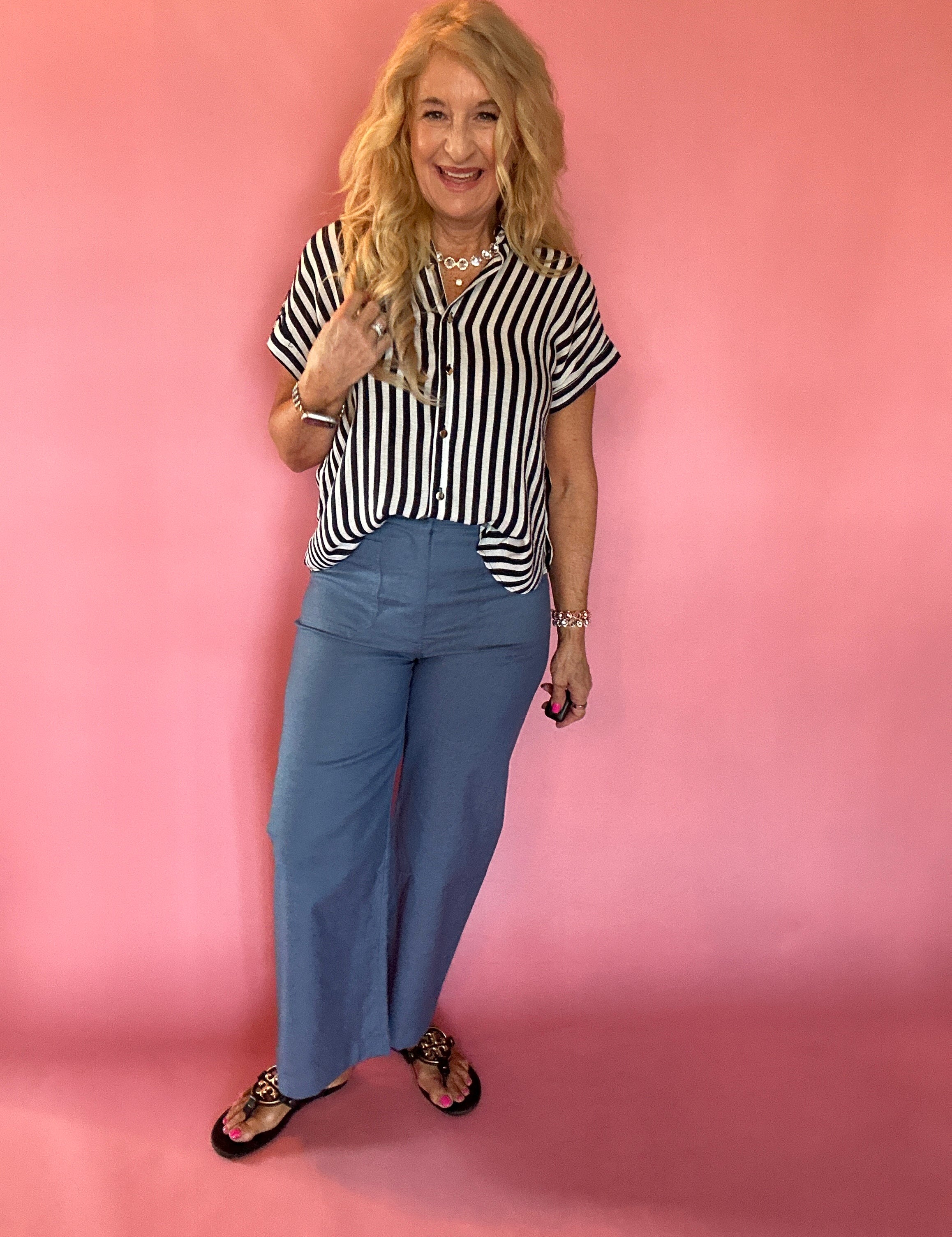 Striped Lightweight Woven Top - Navy