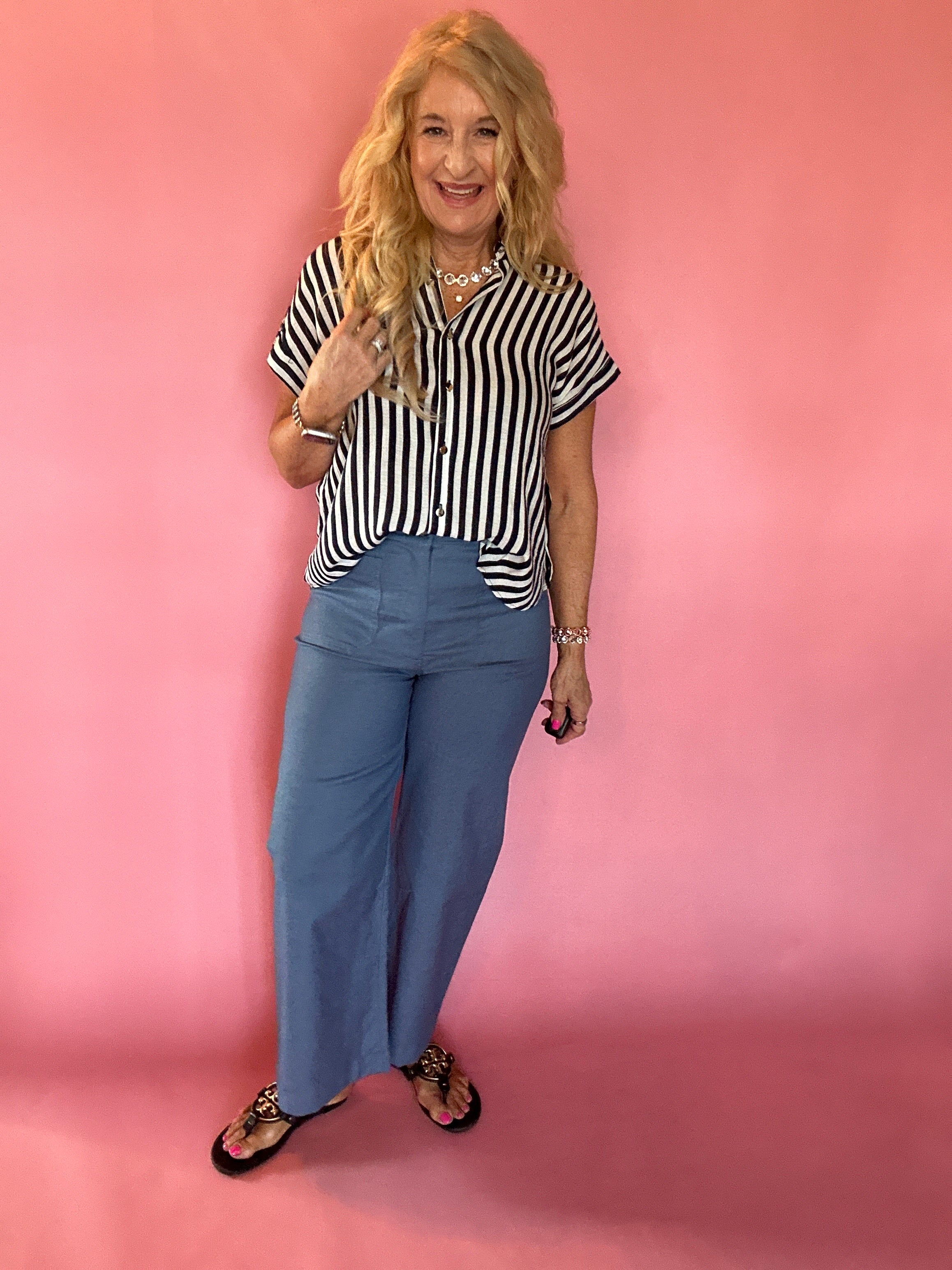 Striped Lightweight Woven Top - Navy