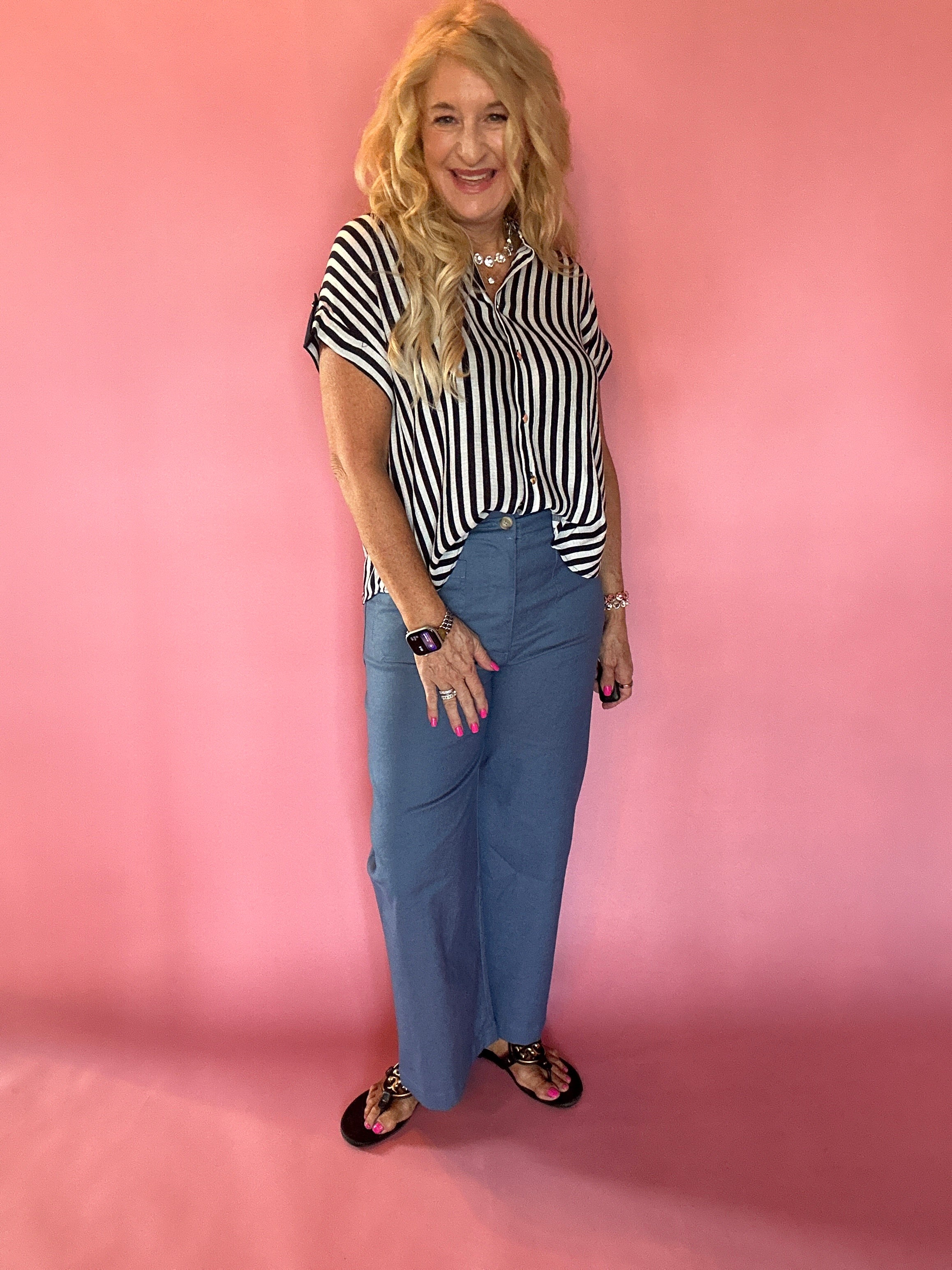 Striped Lightweight Woven Top - Navy