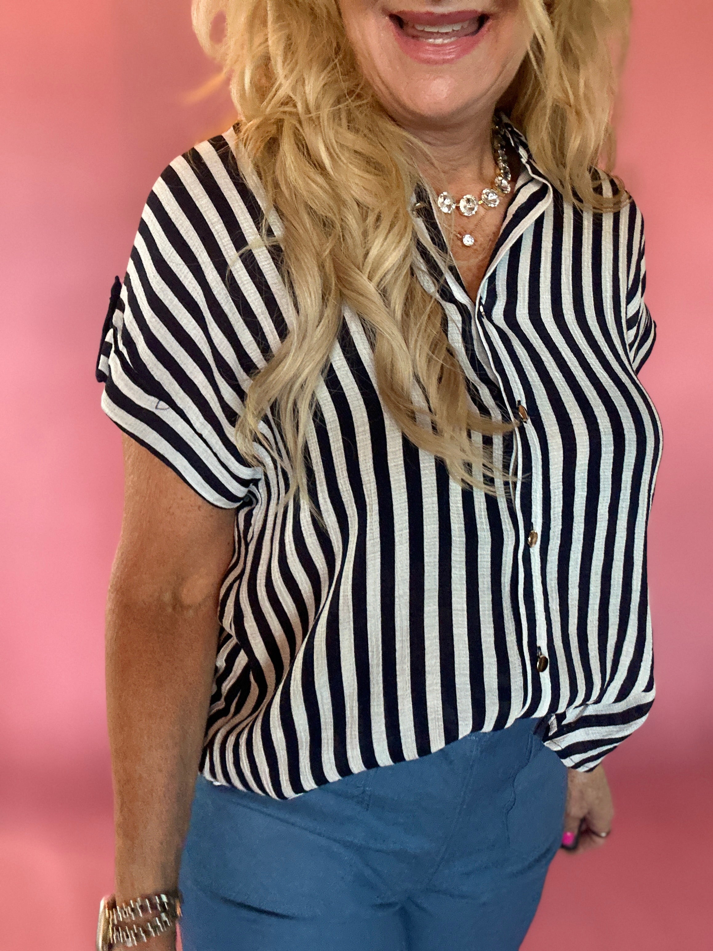 Striped Lightweight Woven Top - Navy