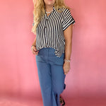 Striped Lightweight Woven Top - Navy