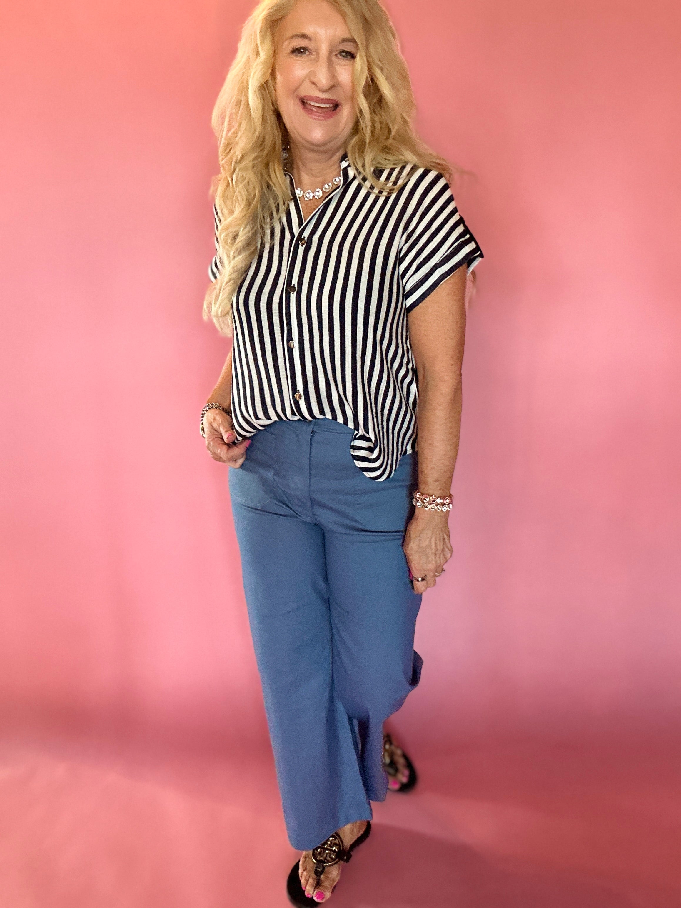 Striped Lightweight Woven Top - Navy
