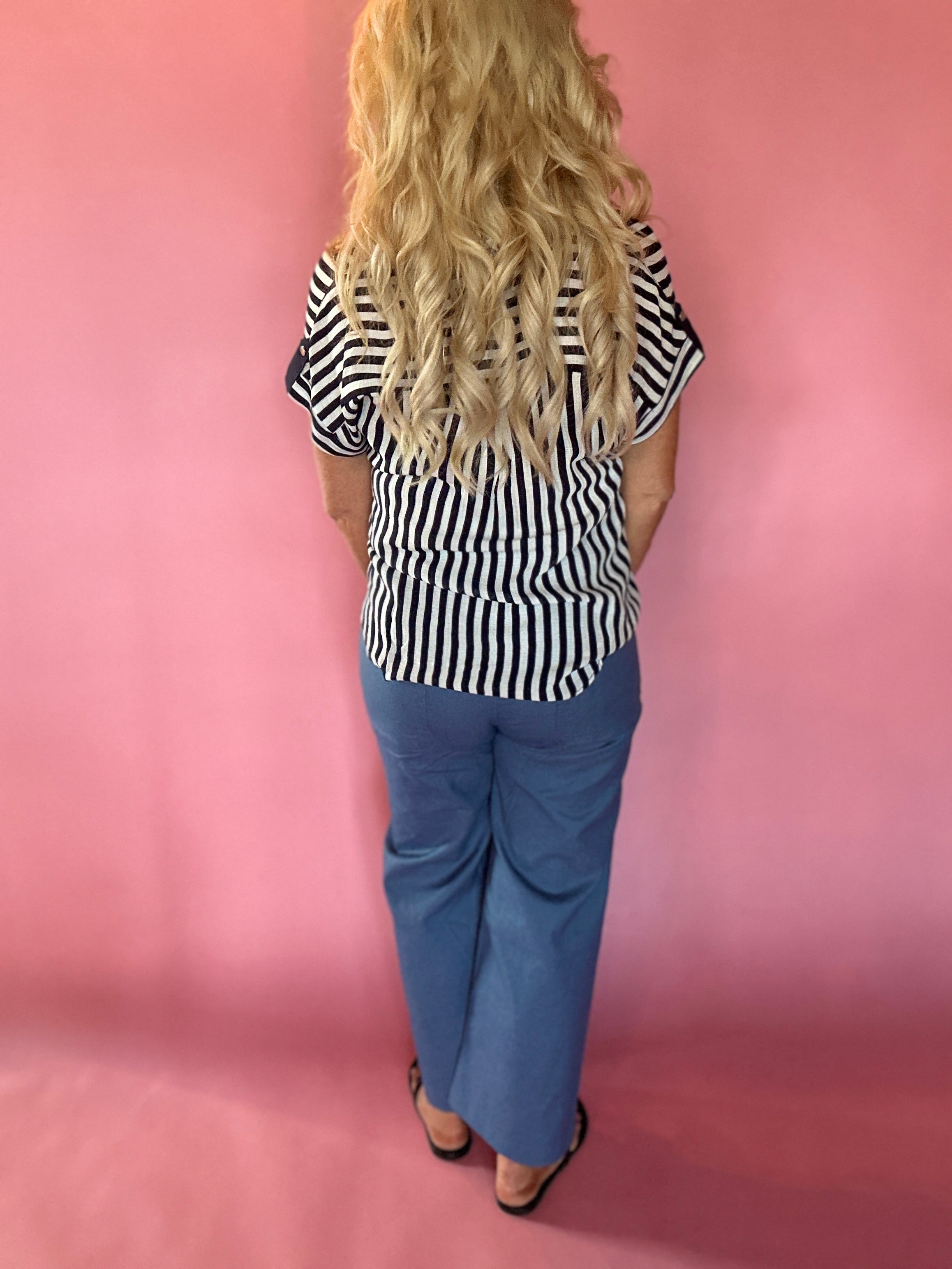 Striped Lightweight Woven Top - Navy