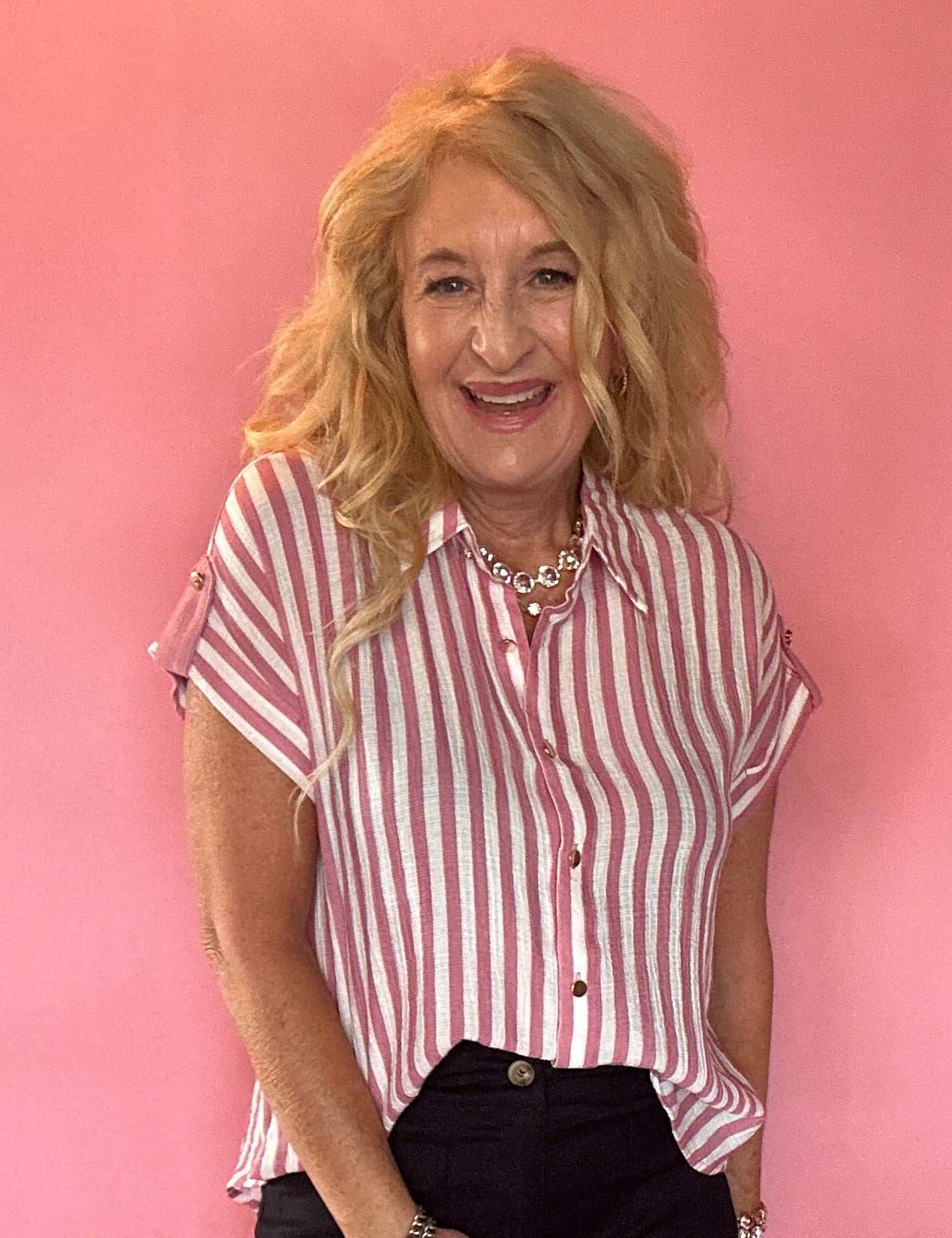 Striped Lightweight Woven Top - Pink