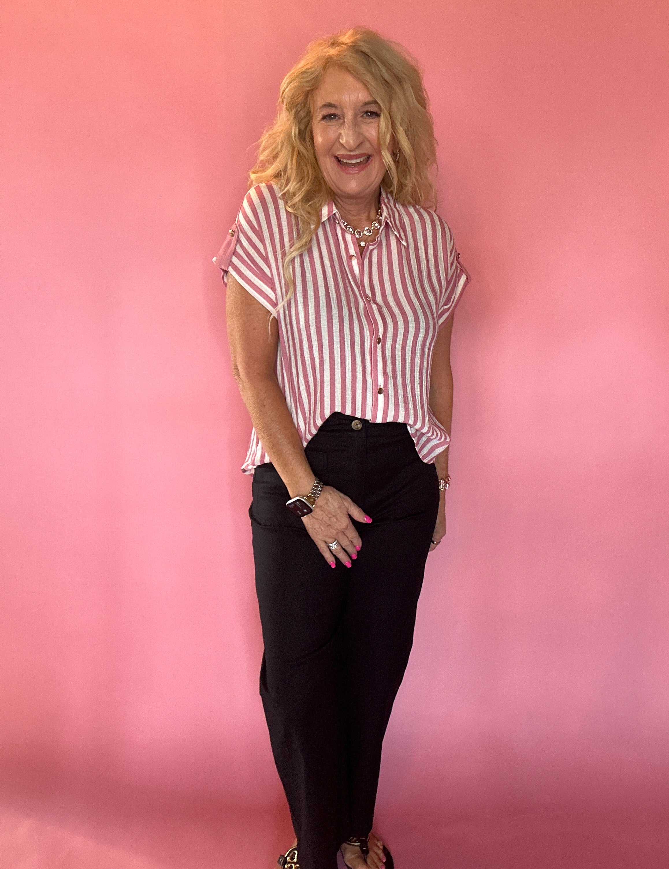 Striped Lightweight Woven Top - Pink