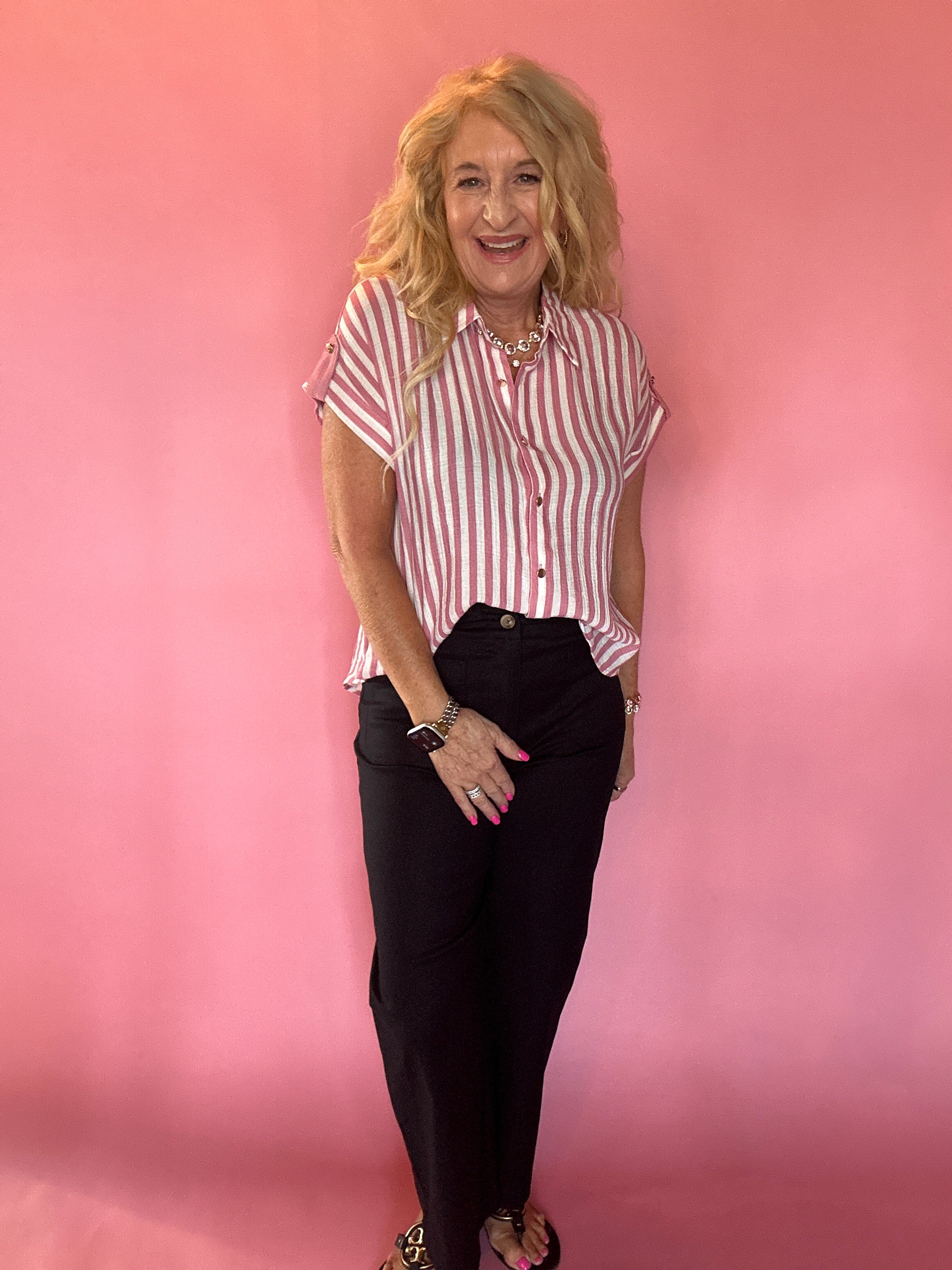 Striped Lightweight Woven Top - Pink