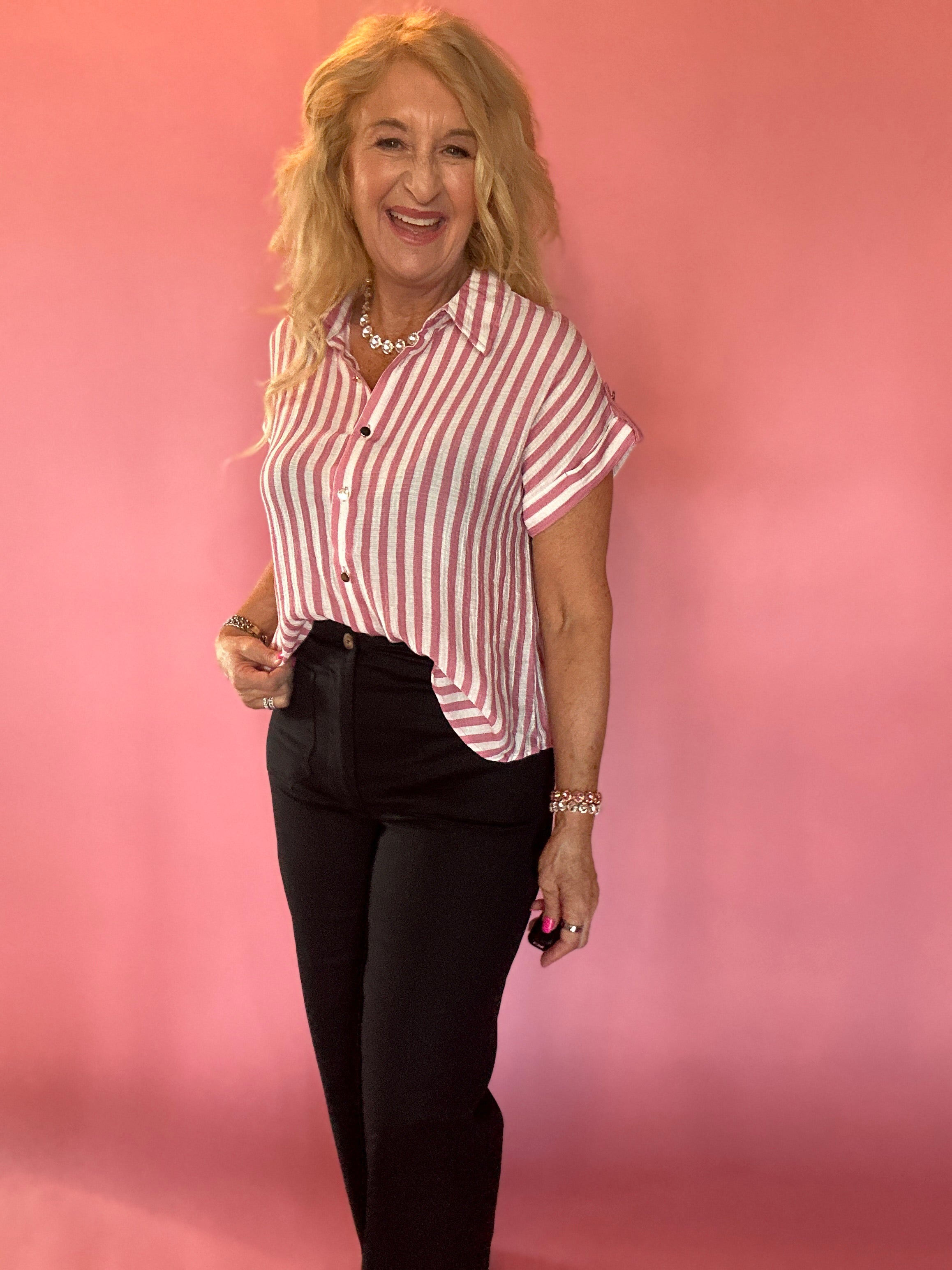 Striped Lightweight Woven Top - Pink