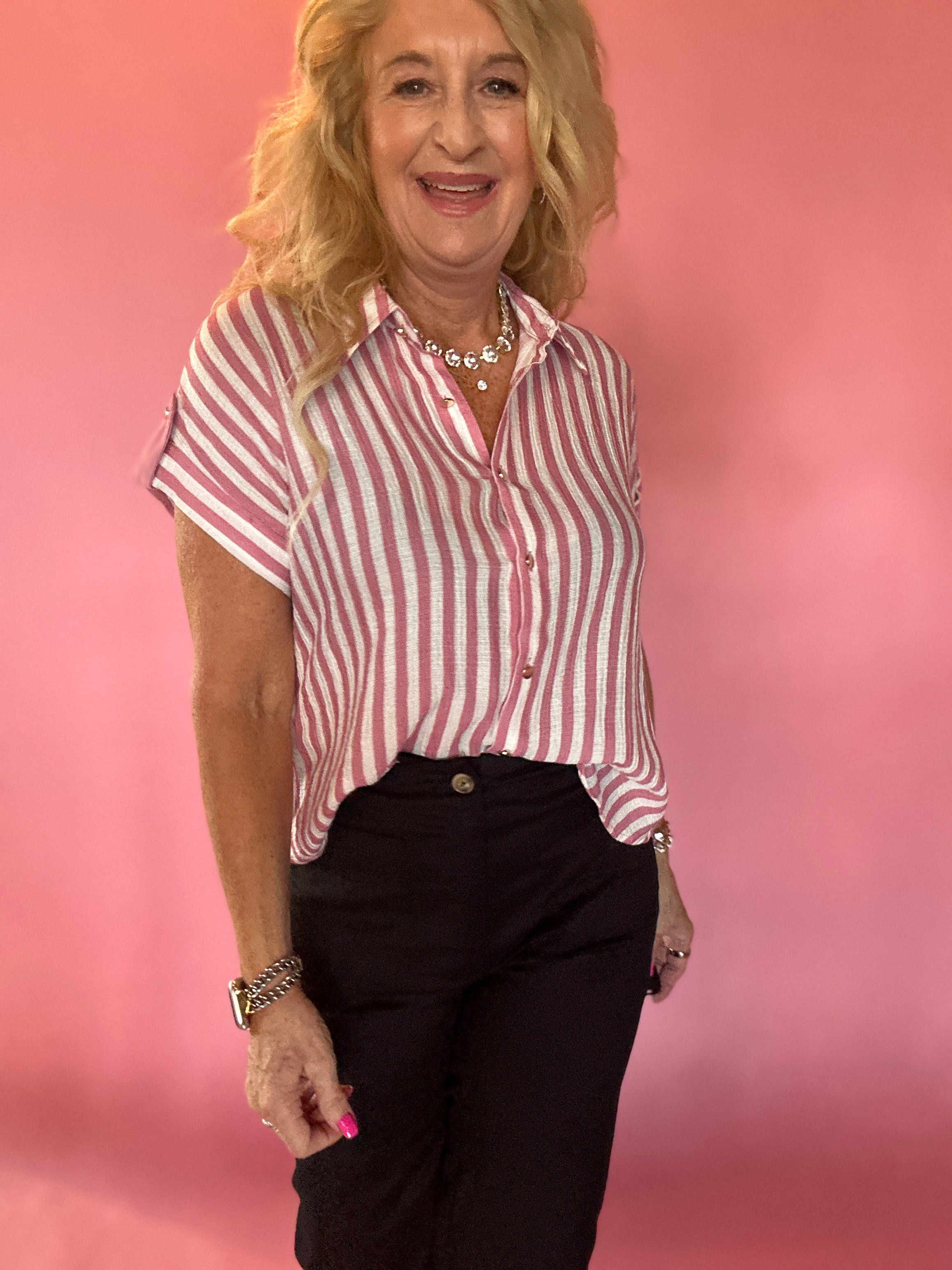 Striped Lightweight Woven Top - Pink