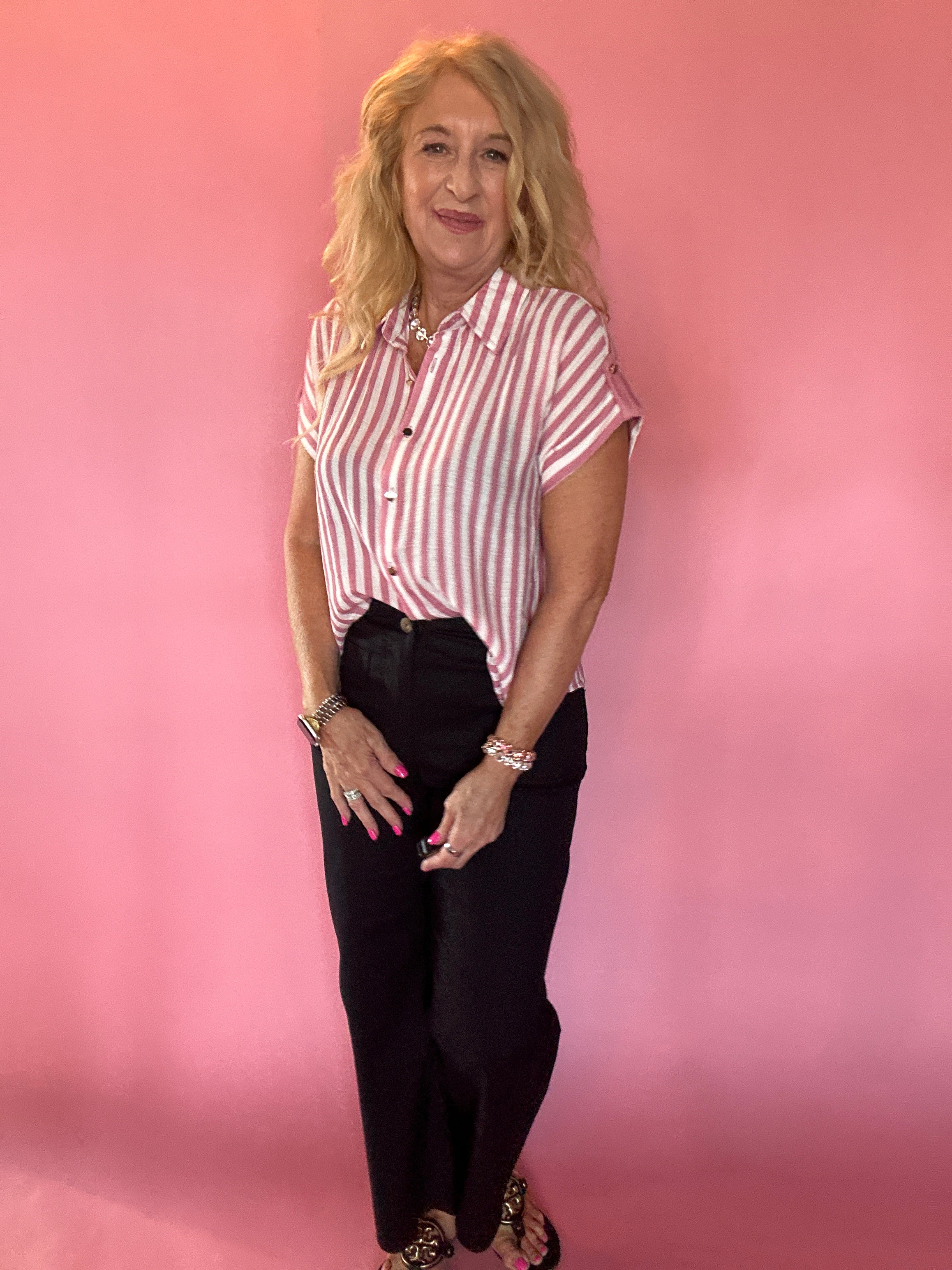 Striped Lightweight Woven Top - Pink