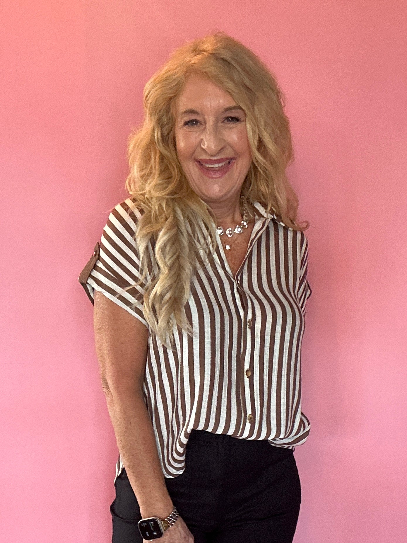 Striped Lightweight Woven Top in Brown