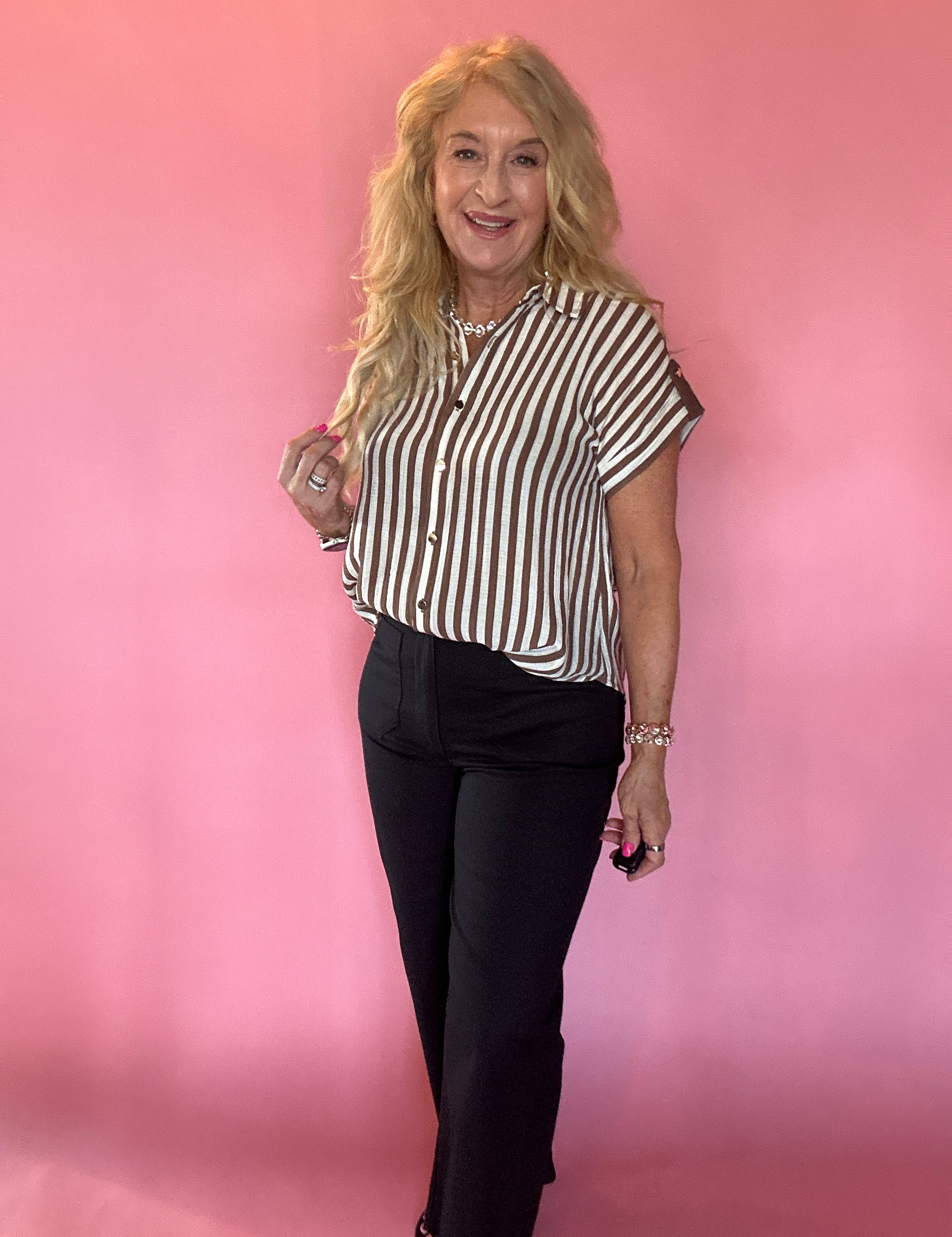 Striped Lightweight Woven Top in Brown