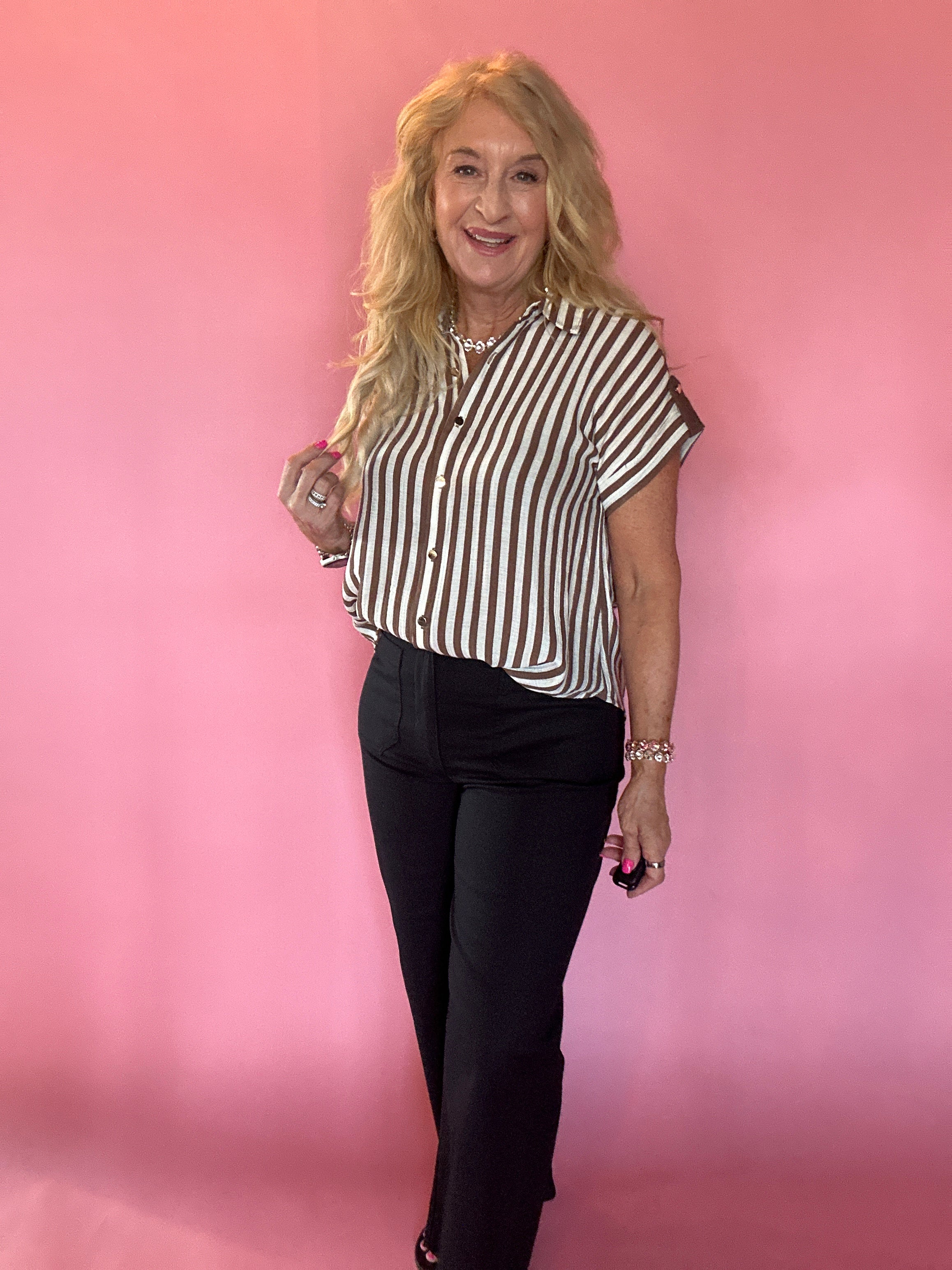 Striped Lightweight Woven Top in Brown