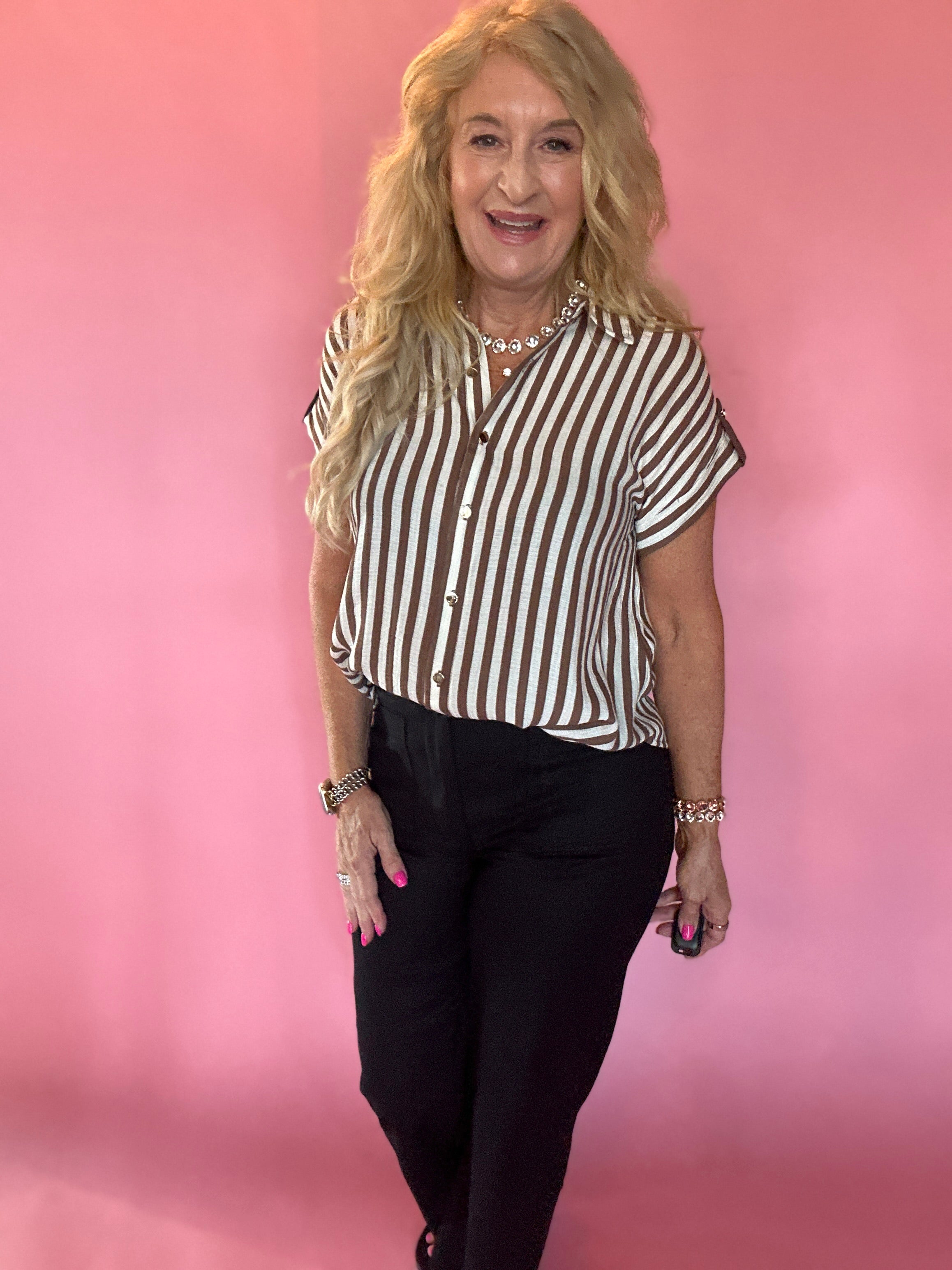 Striped Lightweight Woven Top in Brown