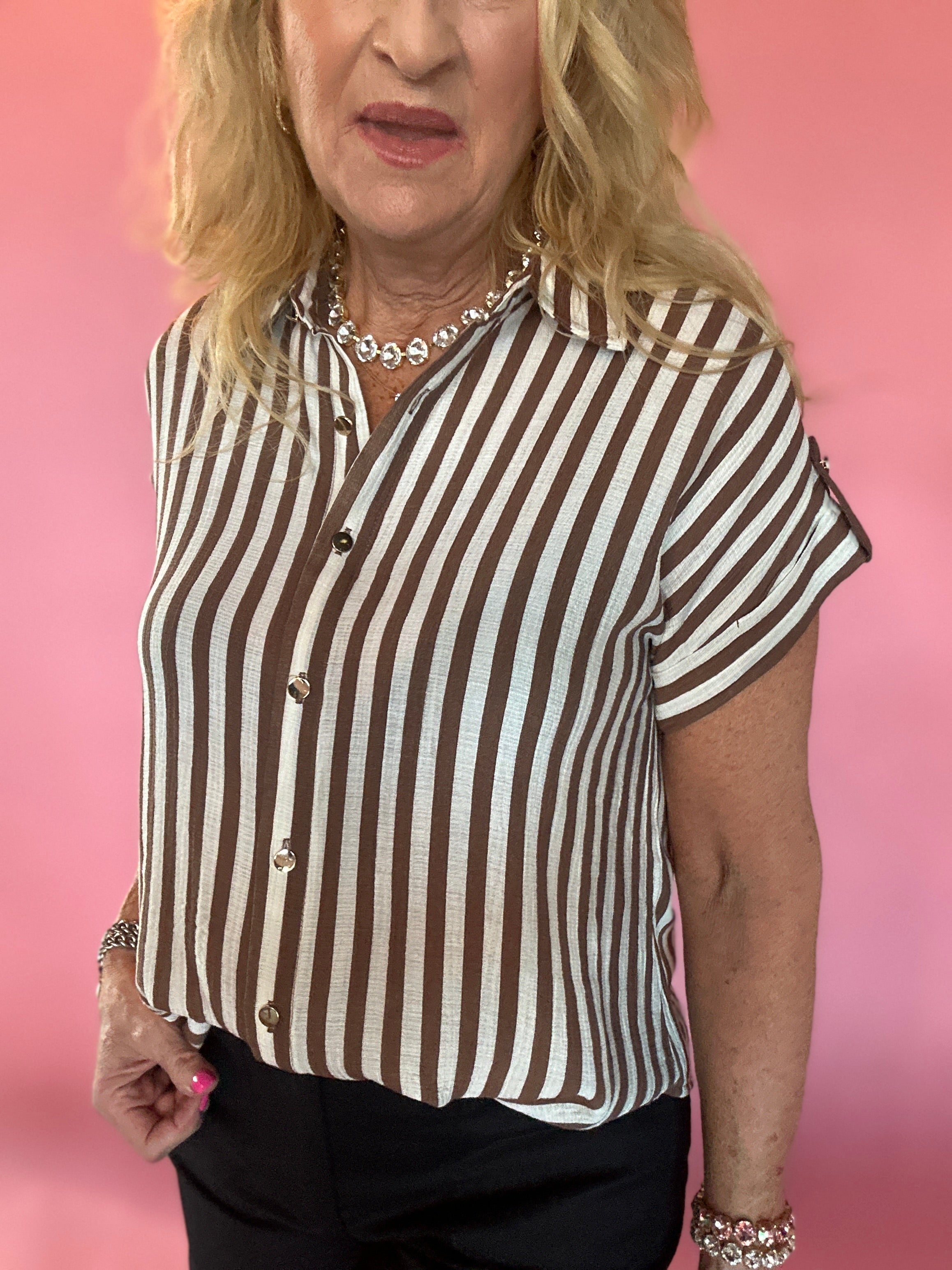 Striped Lightweight Woven Top in Brown
