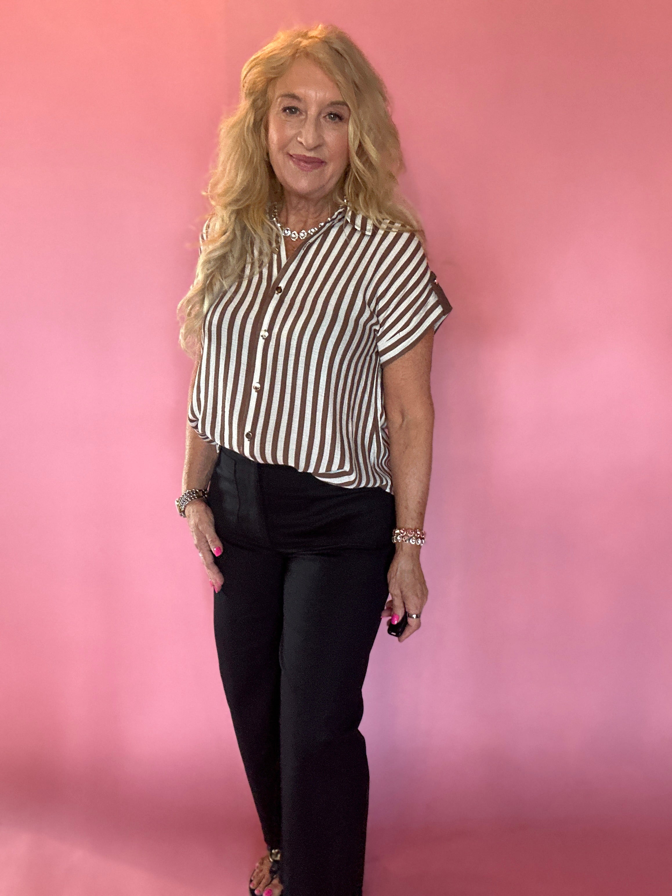 Striped Lightweight Woven Top in Brown