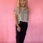 Striped Lightweight Woven Top in Brown