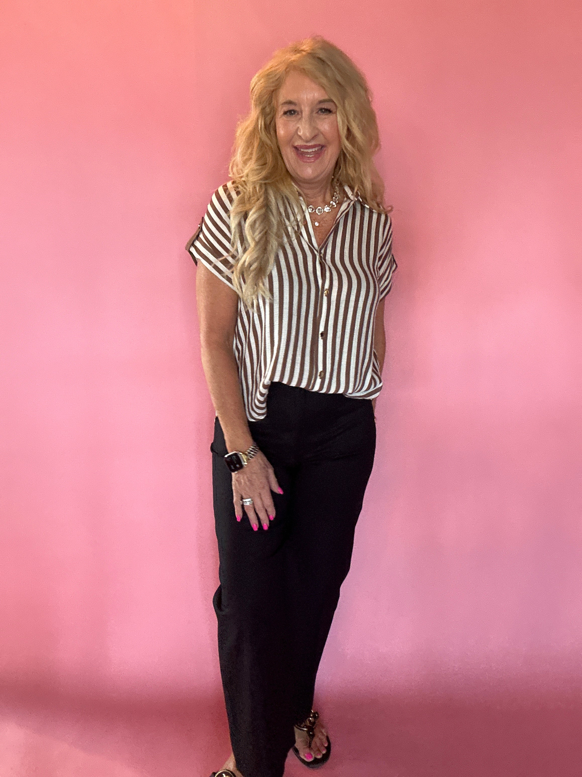 Striped Lightweight Woven Top in Brown