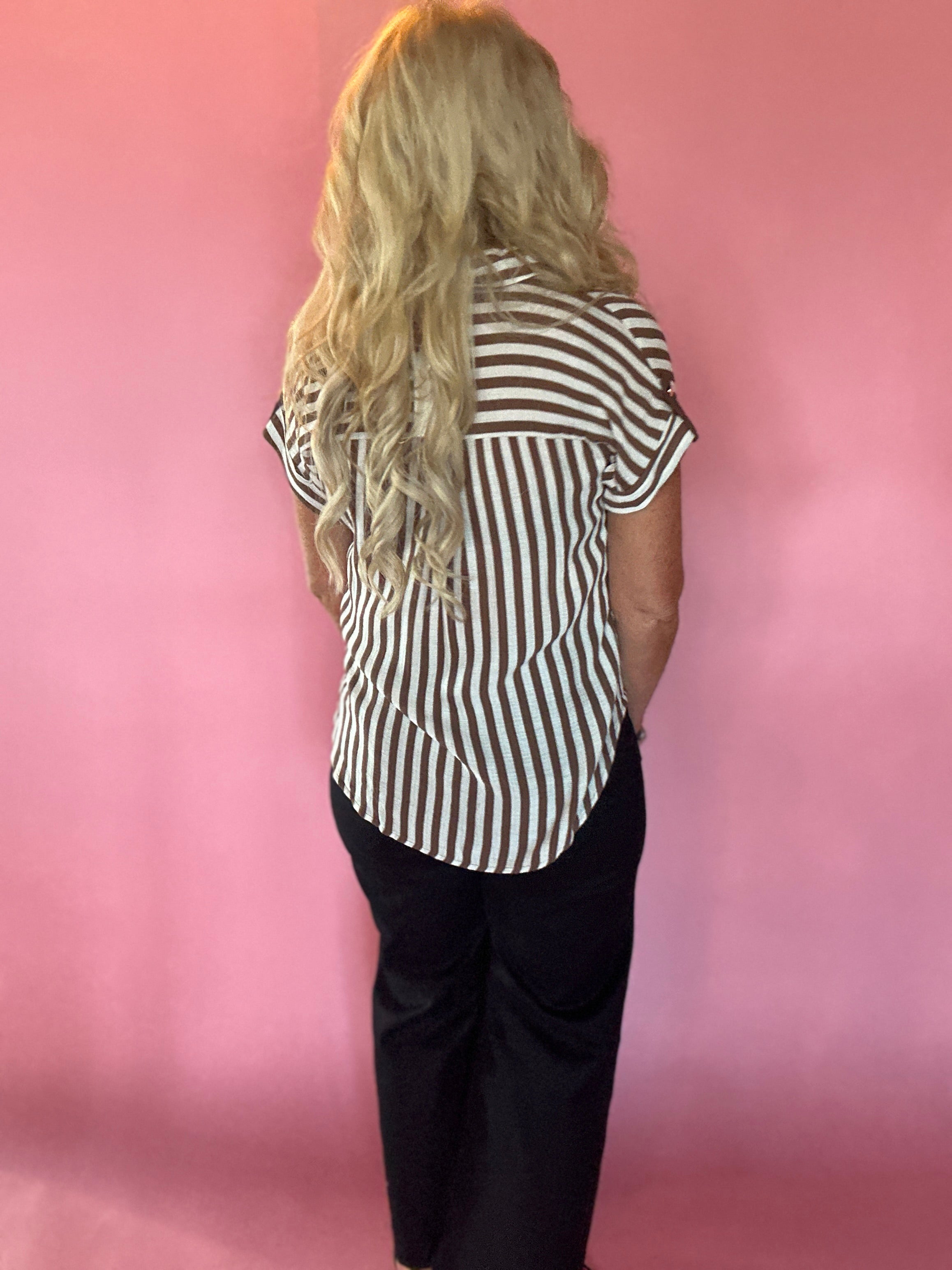 Striped Lightweight Woven Top in Brown