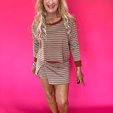 Flat lay of the soft striped knit skort with the matching built-in shorts lining shown