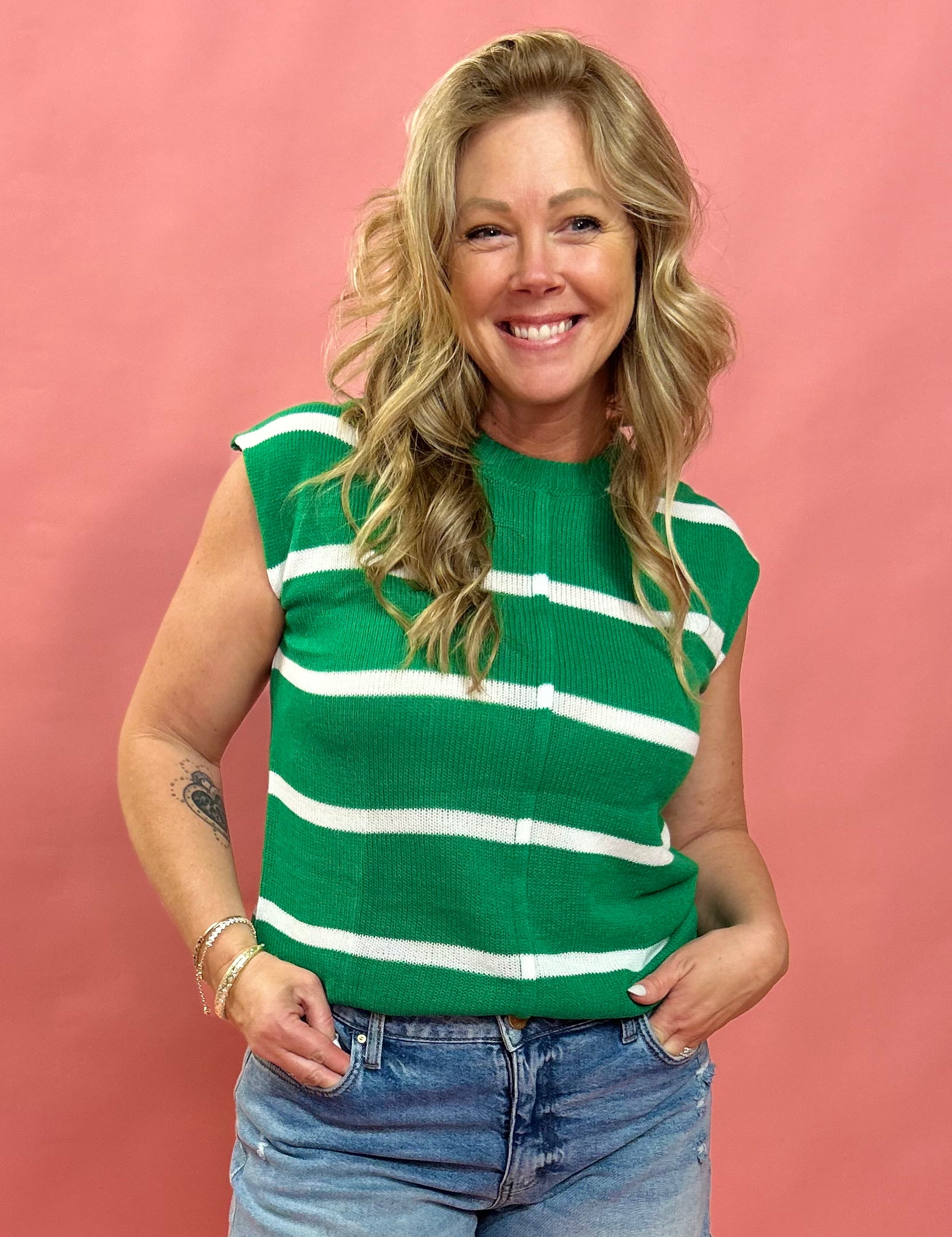 Striped Serenity Short Sleeve Knit Sweater in Green