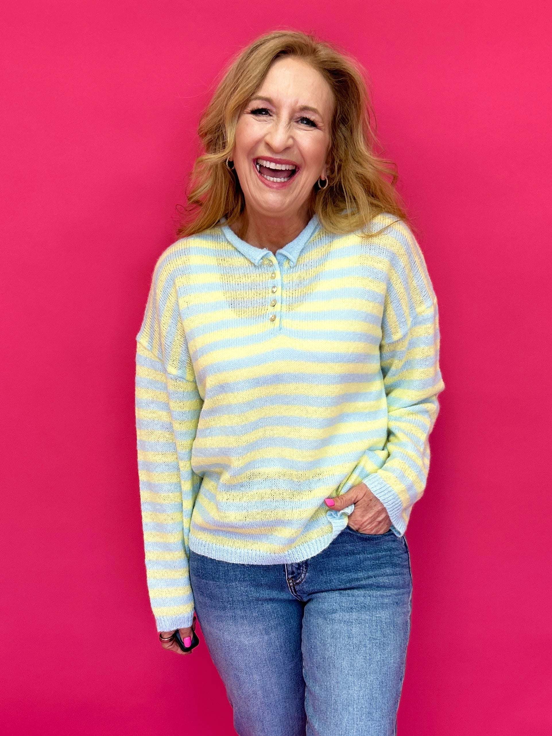 Sunny Stripe Half-Button Knit Sweater - Shabby 2 Chic Boutiques