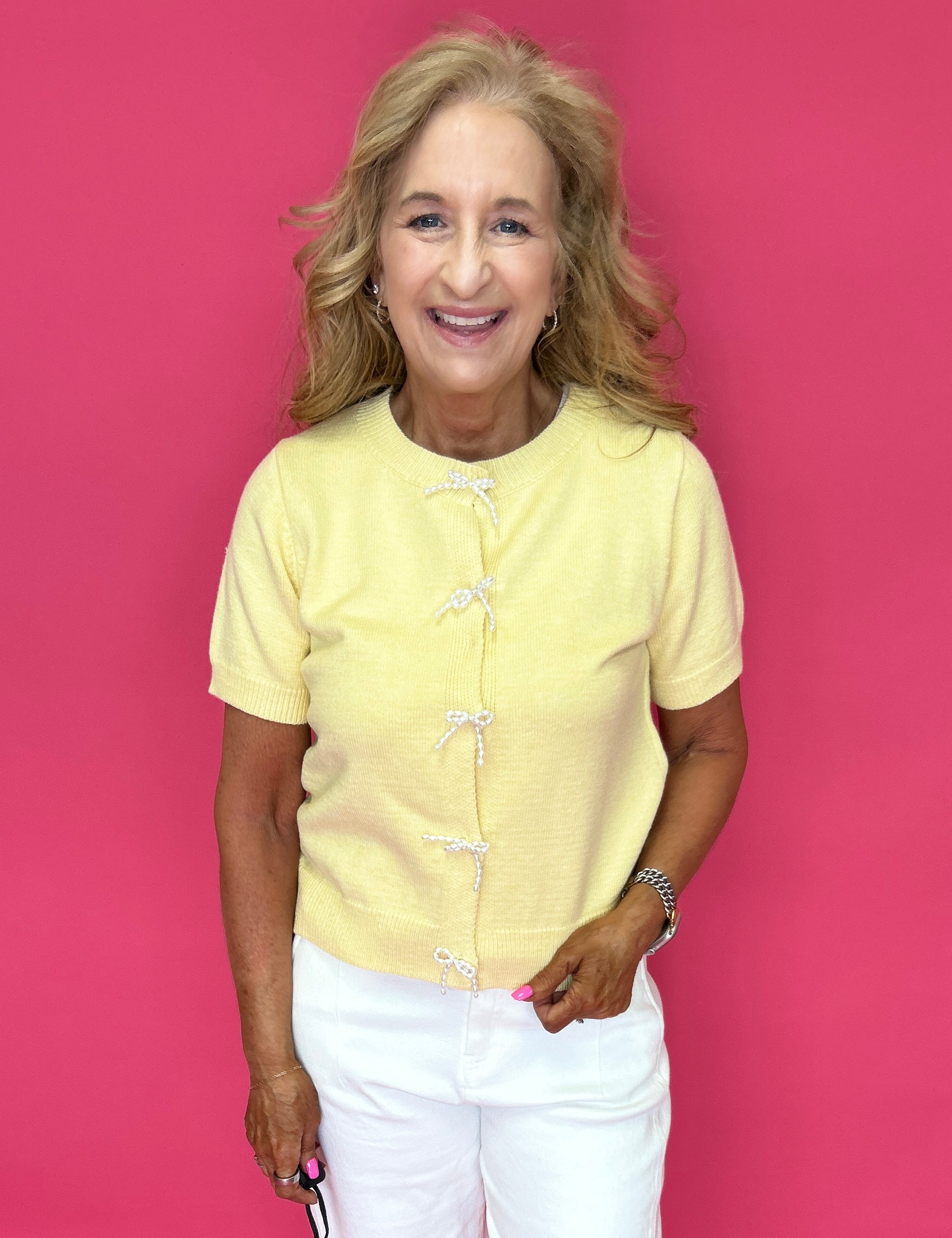 Sweet Pearl Bow Cardigan in Yellow - Shabby 2 Chic Boutiques