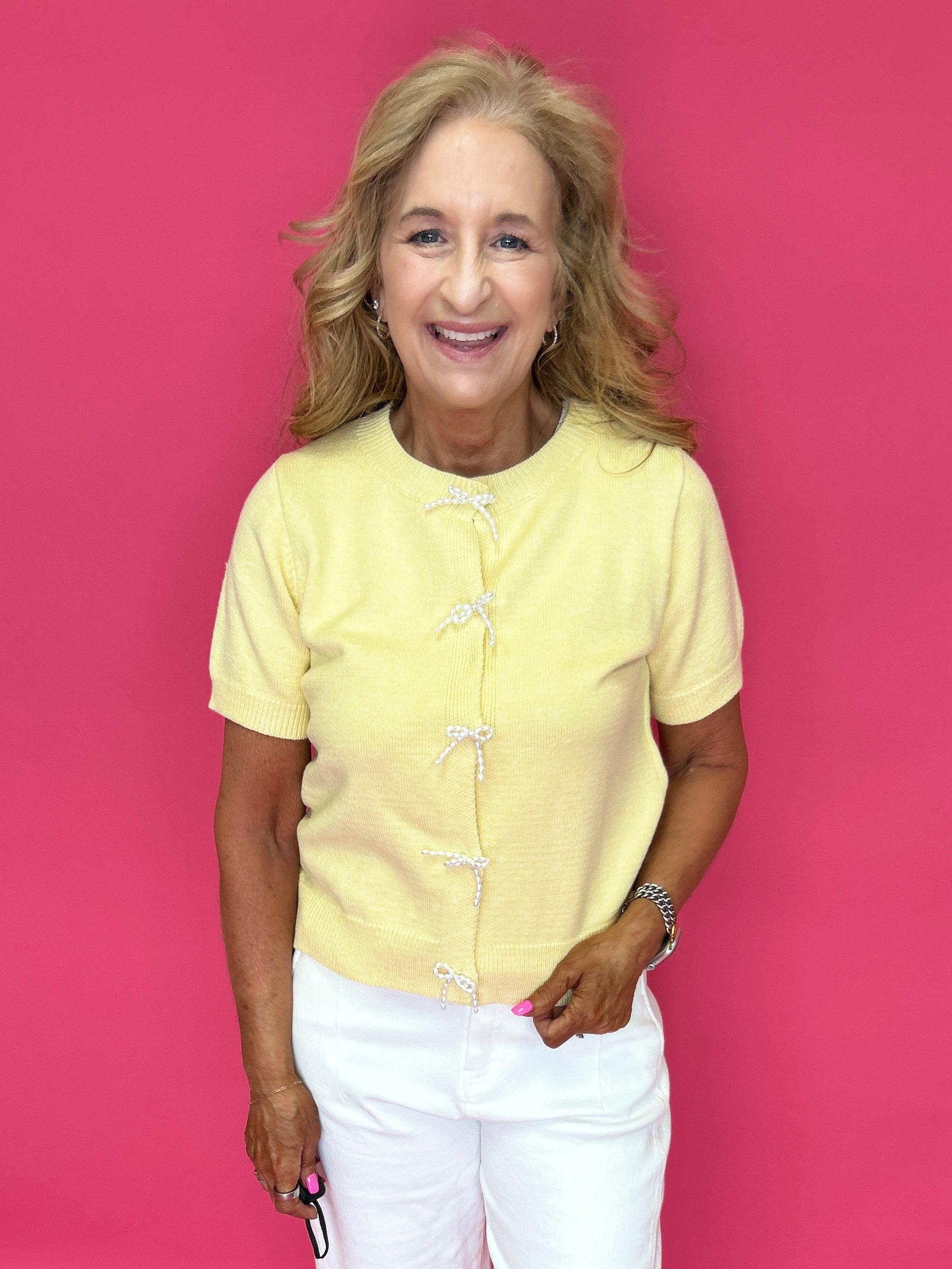 Sweet Pearl Bow Cardigan in Yellow - Shabby 2 Chic Boutiques