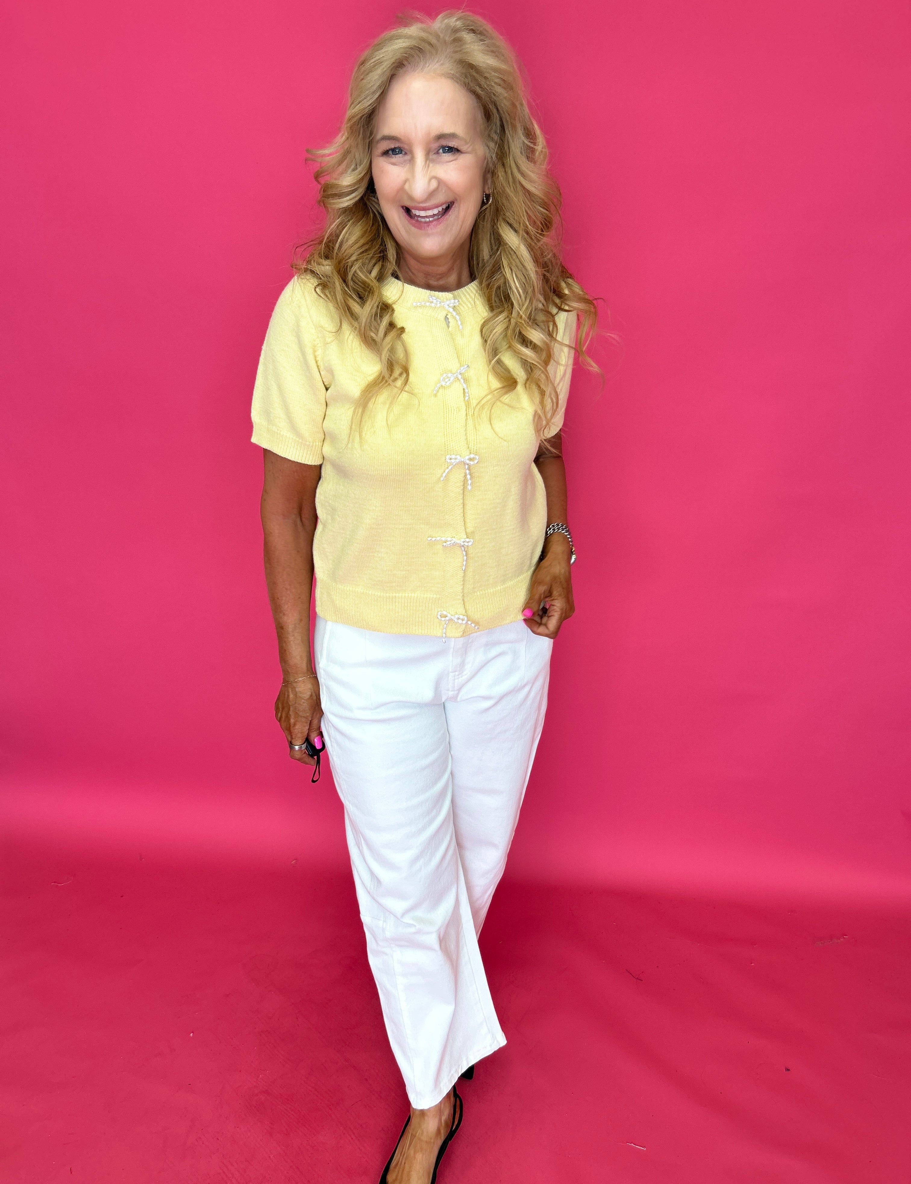 Sweet Pearl Bow Cardigan in Yellow - Shabby 2 Chic Boutiques