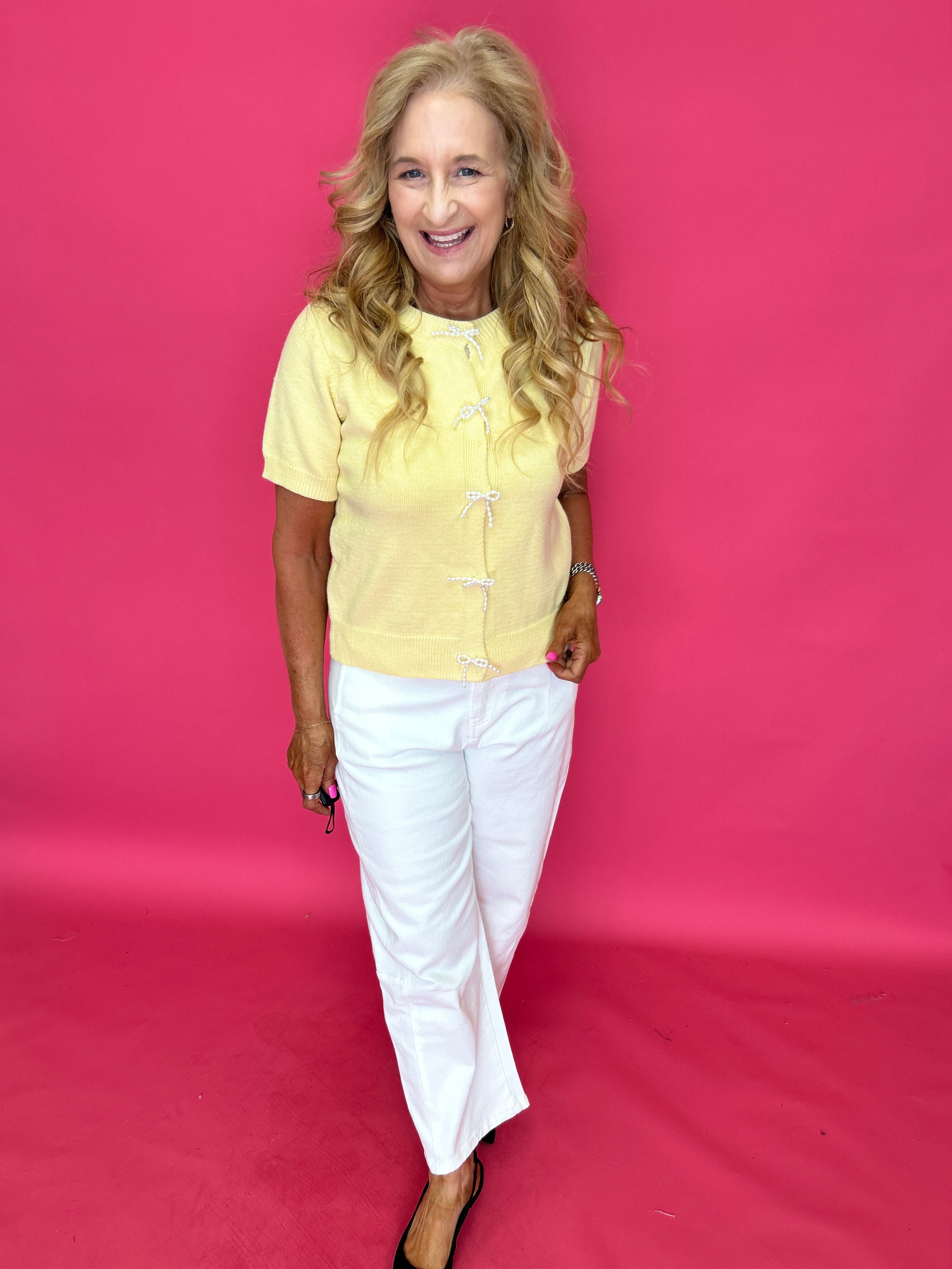 Sweet Pearl Bow Cardigan in Yellow - Shabby 2 Chic Boutiques