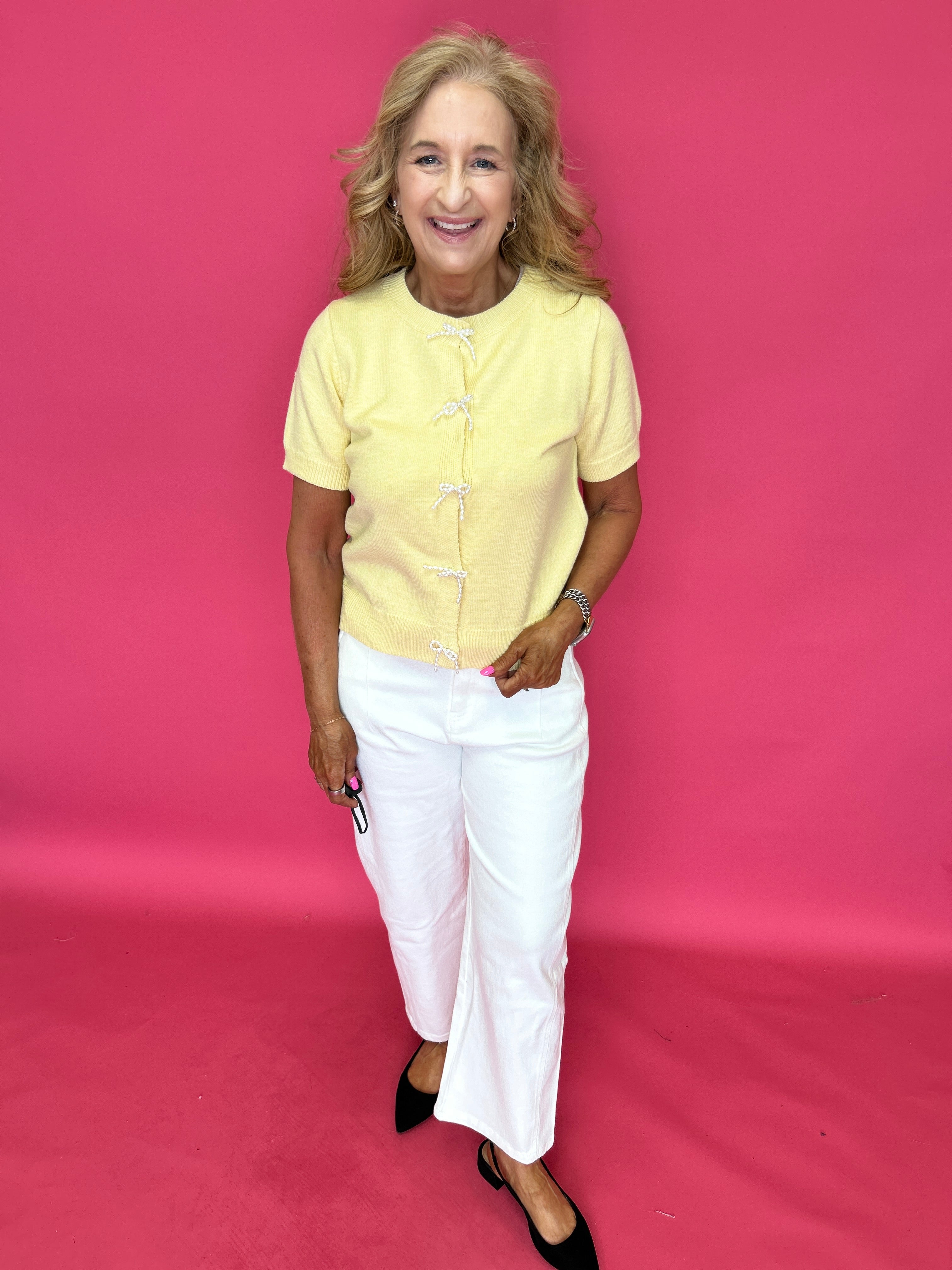 Sweet Pearl Bow Cardigan in Yellow - Shabby 2 Chic Boutiques