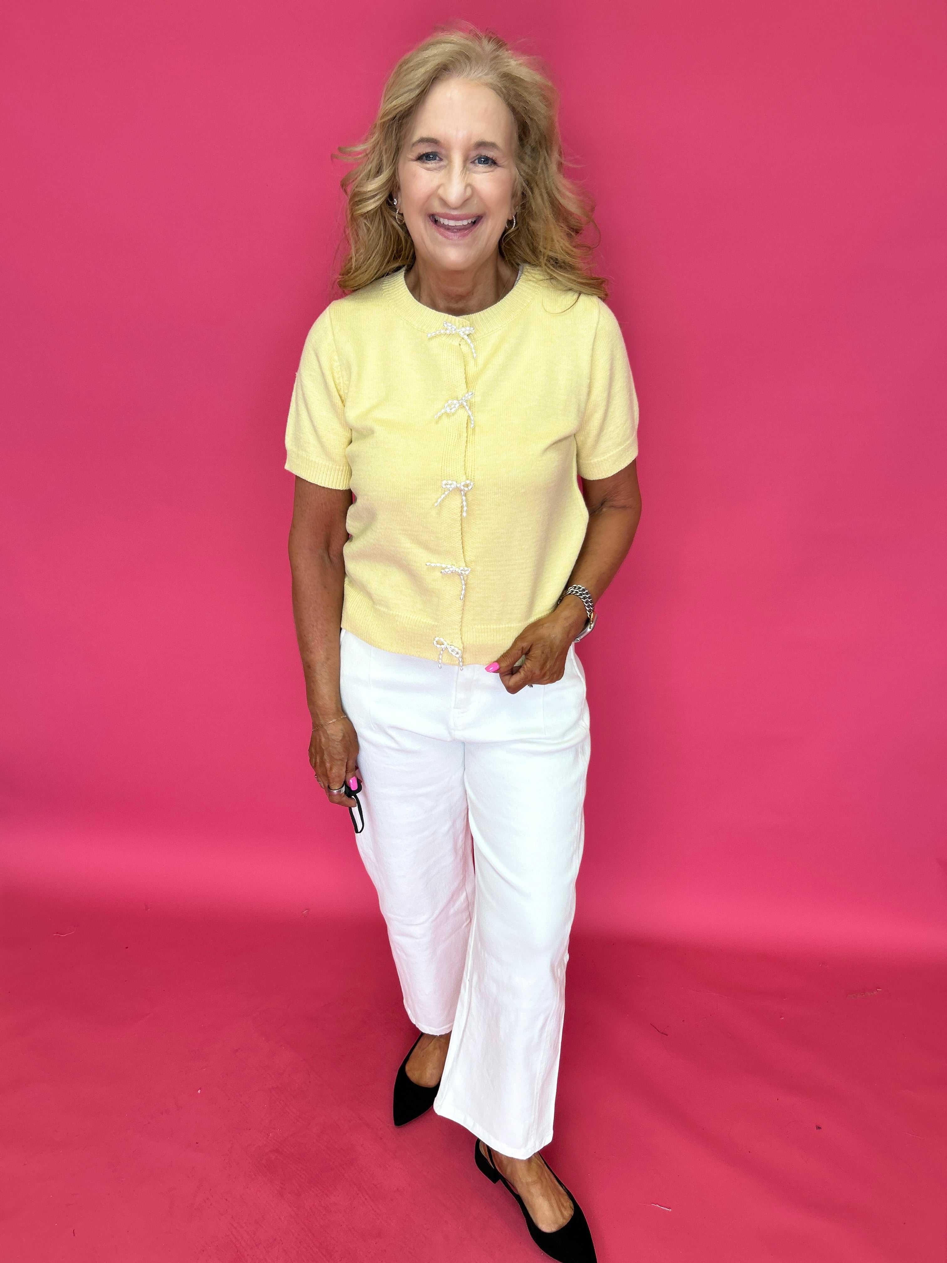 Sweet Pearl Bow Cardigan in Yellow - Shabby 2 Chic Boutiques