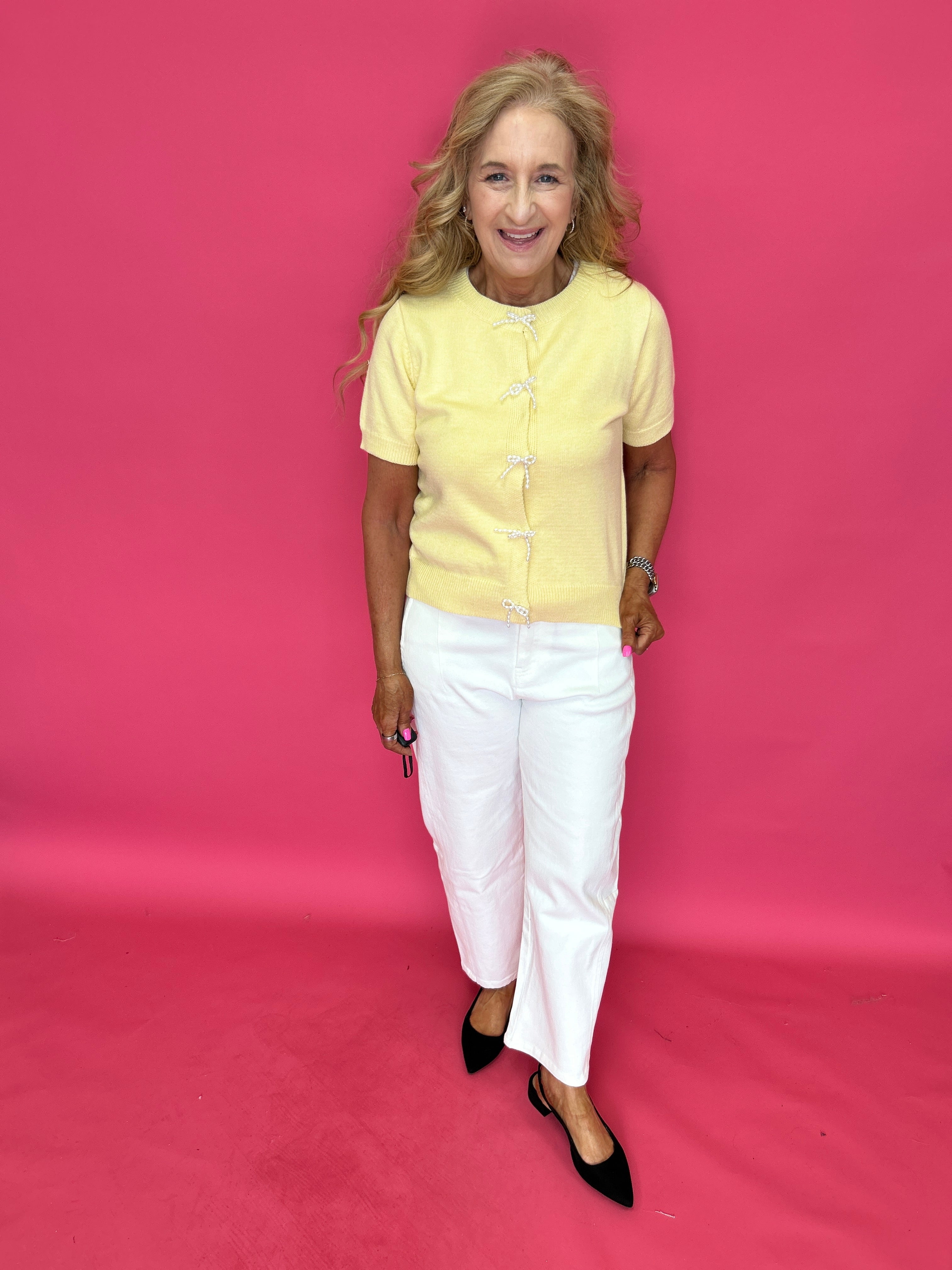 Sweet Pearl Bow Cardigan in Yellow - Shabby 2 Chic Boutiques