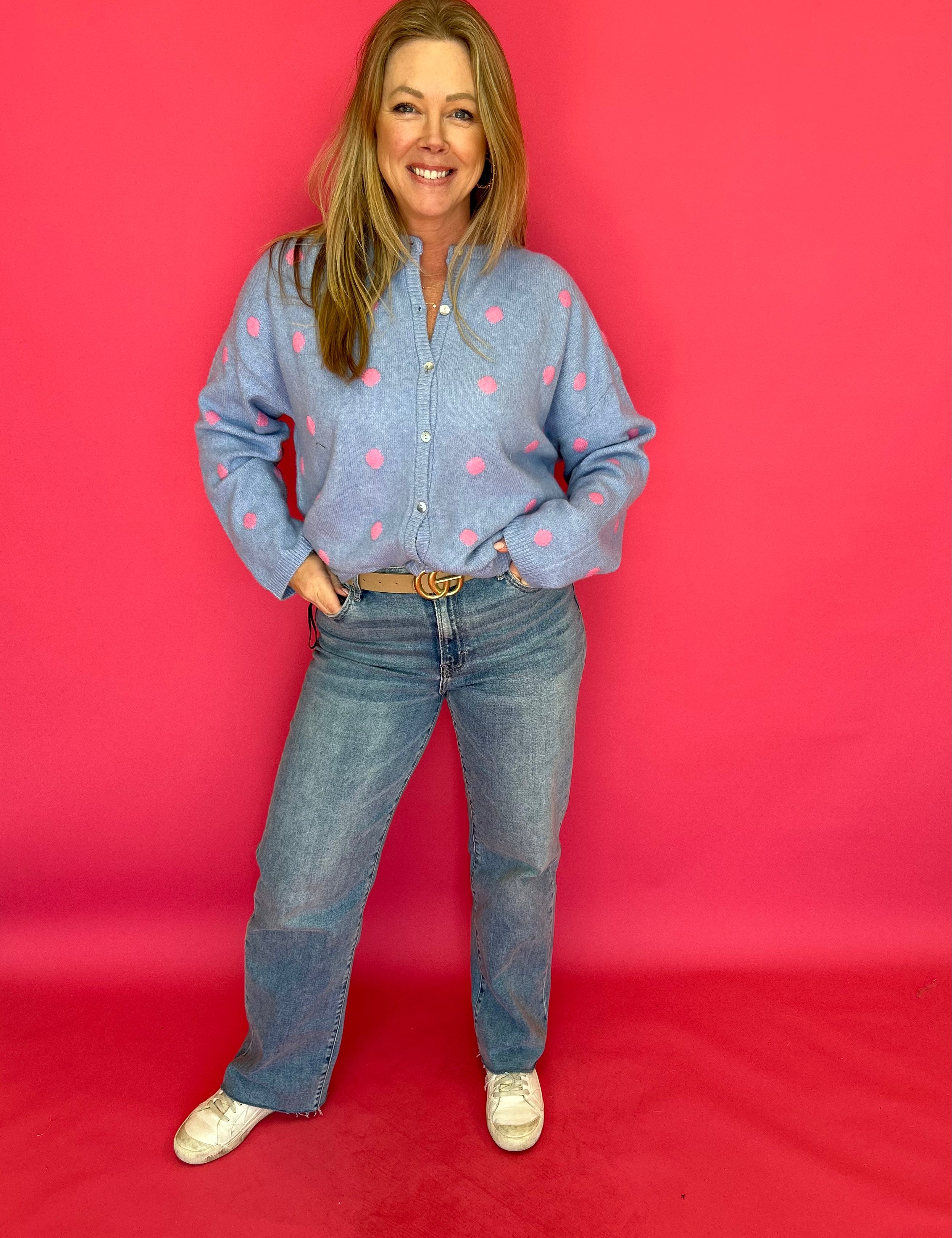 Sweet Spot Polka Dot Knit Cardigan in Blue