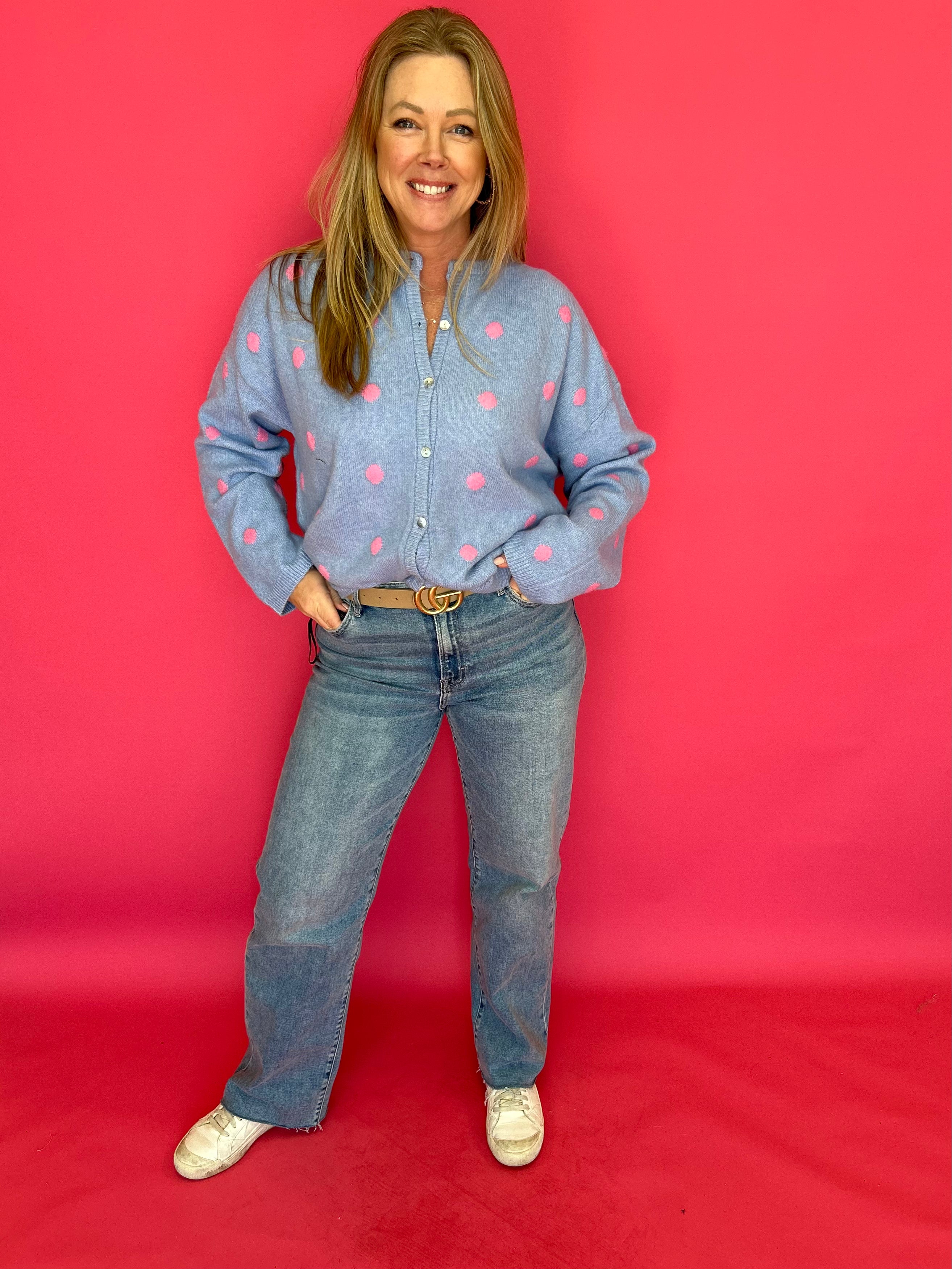 Sweet Spot Polka Dot Knit Cardigan in Blue