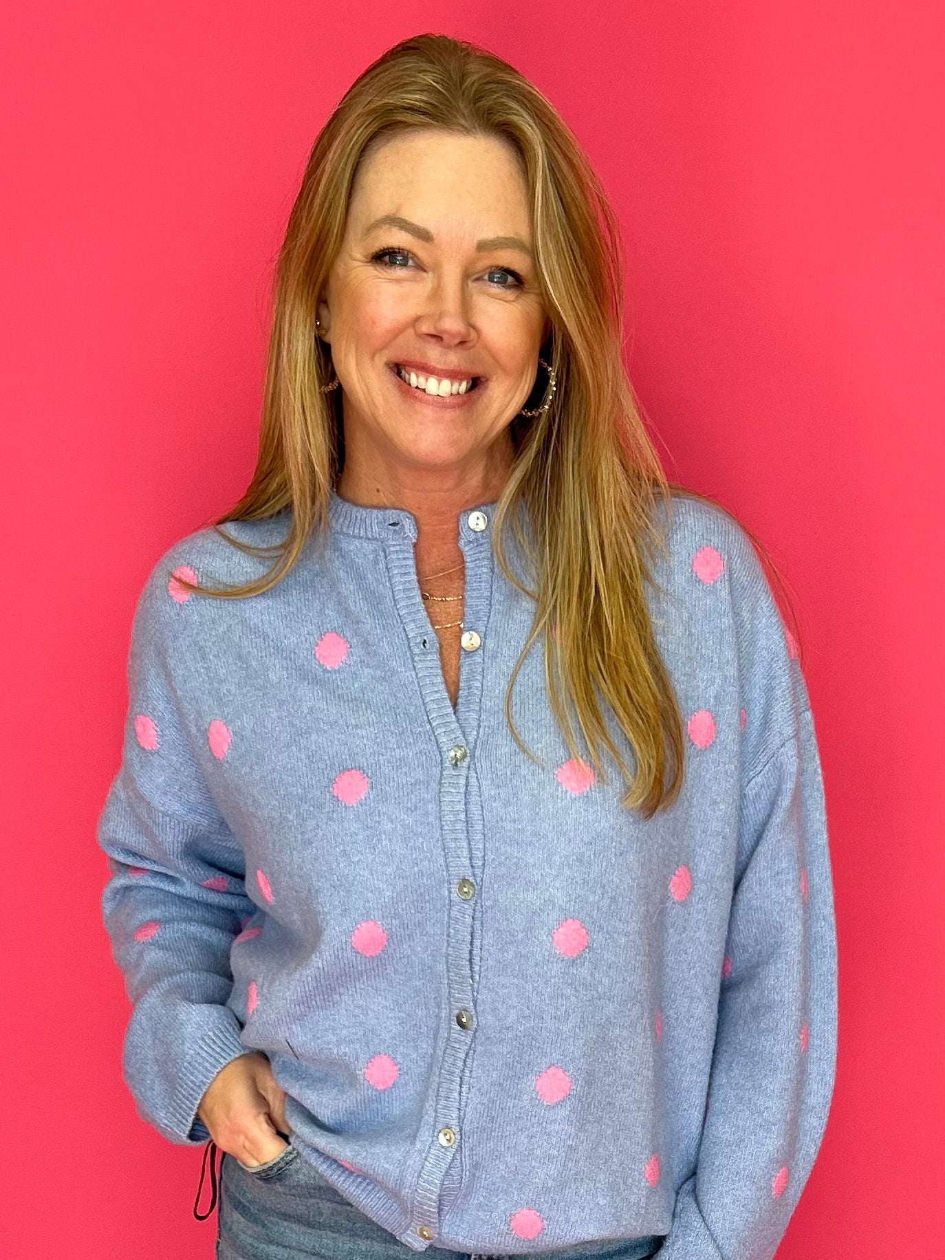 Sweet Spot Polka Dot Knit Cardigan in Blue