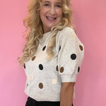 Taupe Polka Dot Crewneck Pullover Sweater