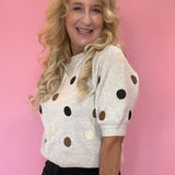 Taupe Polka Dot Crewneck Pullover Sweater