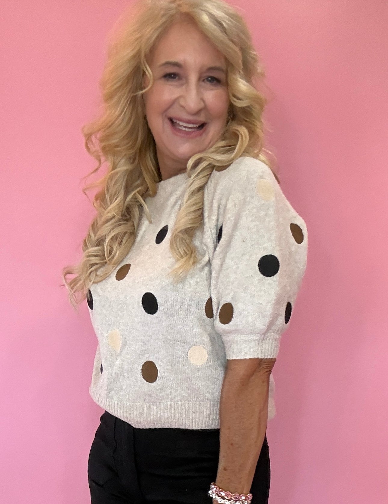 Taupe Polka Dot Crewneck Pullover Sweater