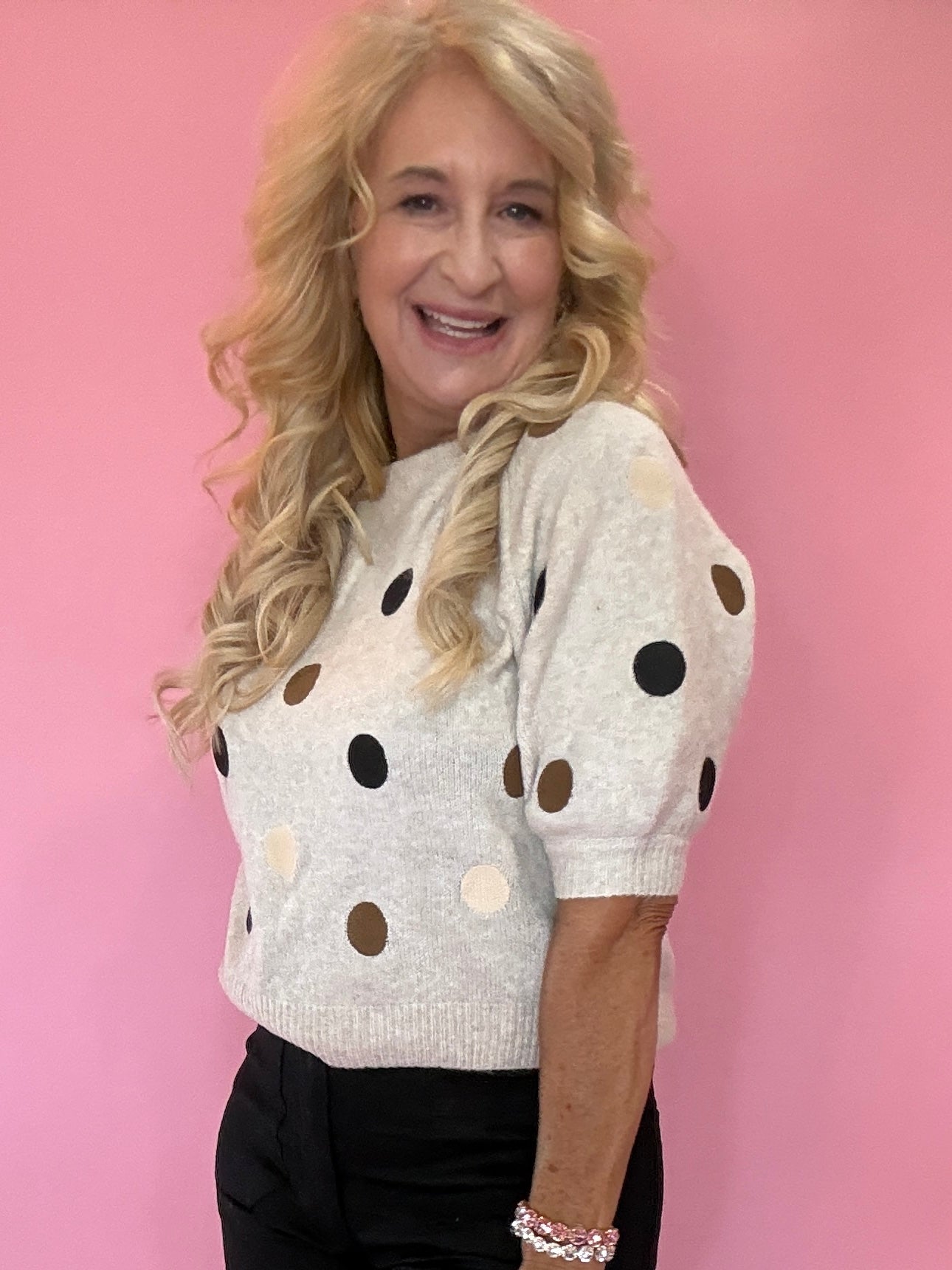 Taupe Polka Dot Crewneck Pullover Sweater