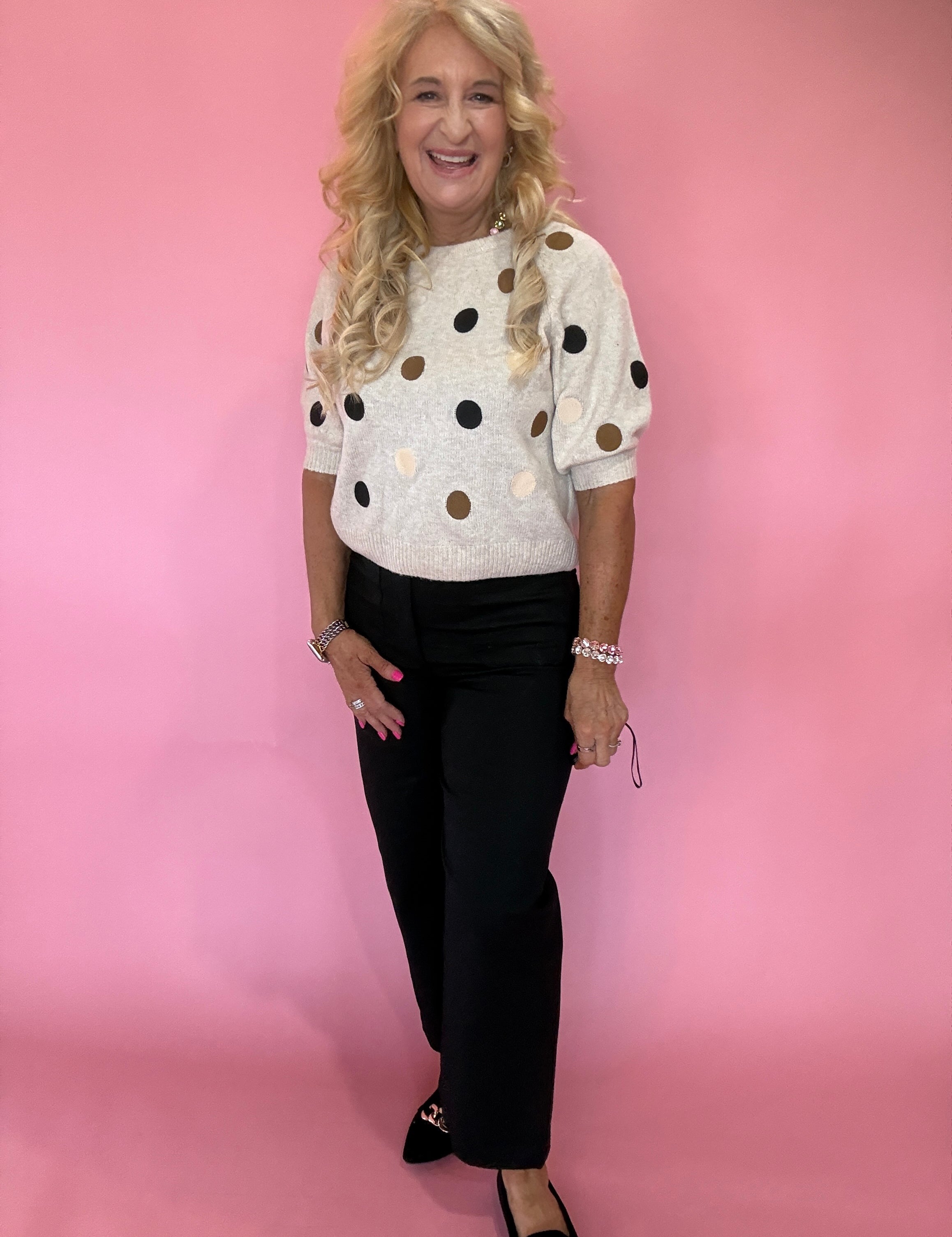 Taupe Polka Dot Crewneck Pullover Sweater