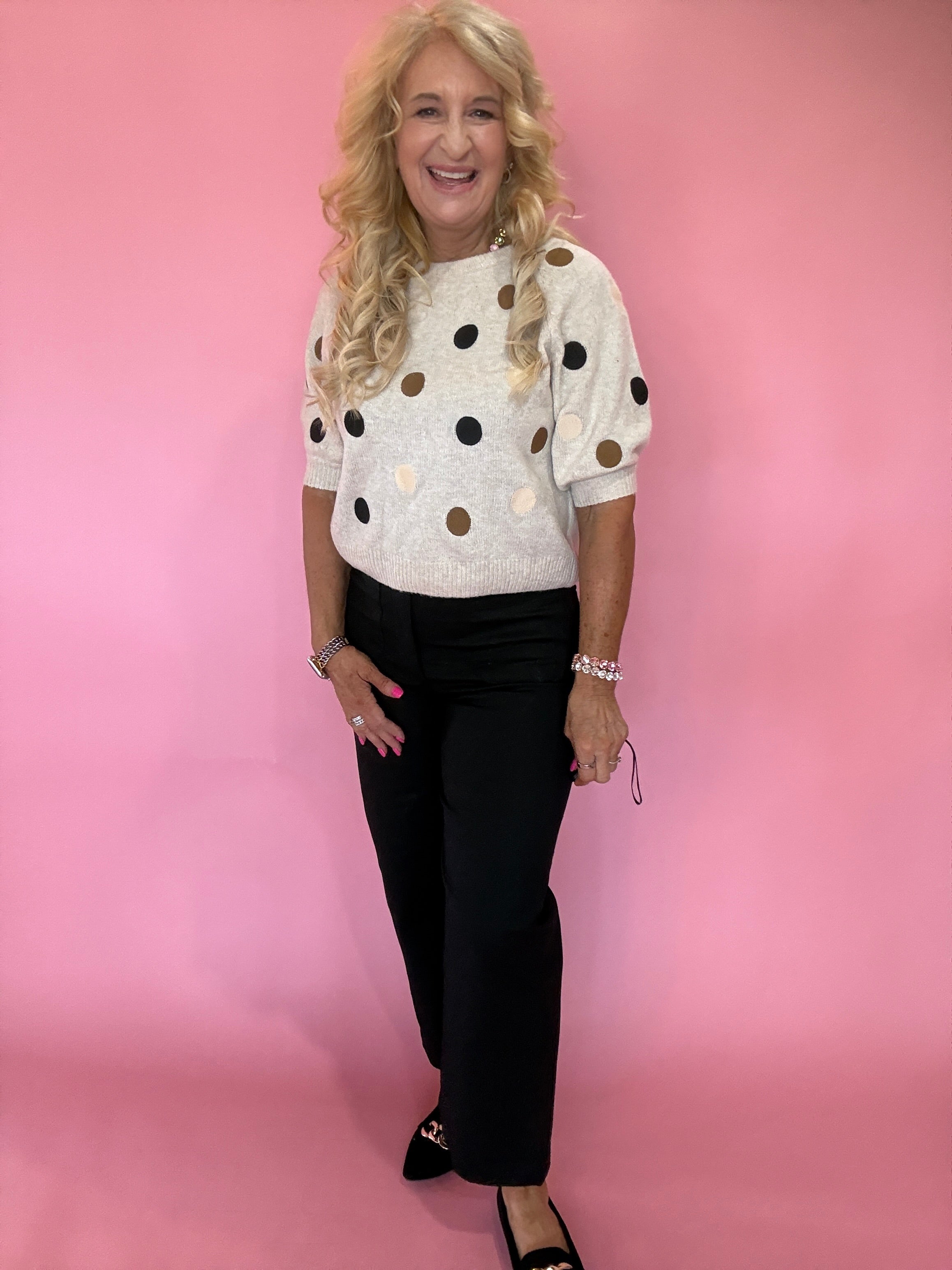 Taupe Polka Dot Crewneck Pullover Sweater